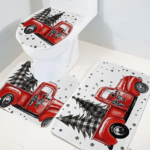 Miniatura 2 de Juego de 3 tapetes de baño con diseño de copos de nieve, diseño de árbol de Navidad con diseño de árbol de Navidad rojo para baño, cubierta lavable