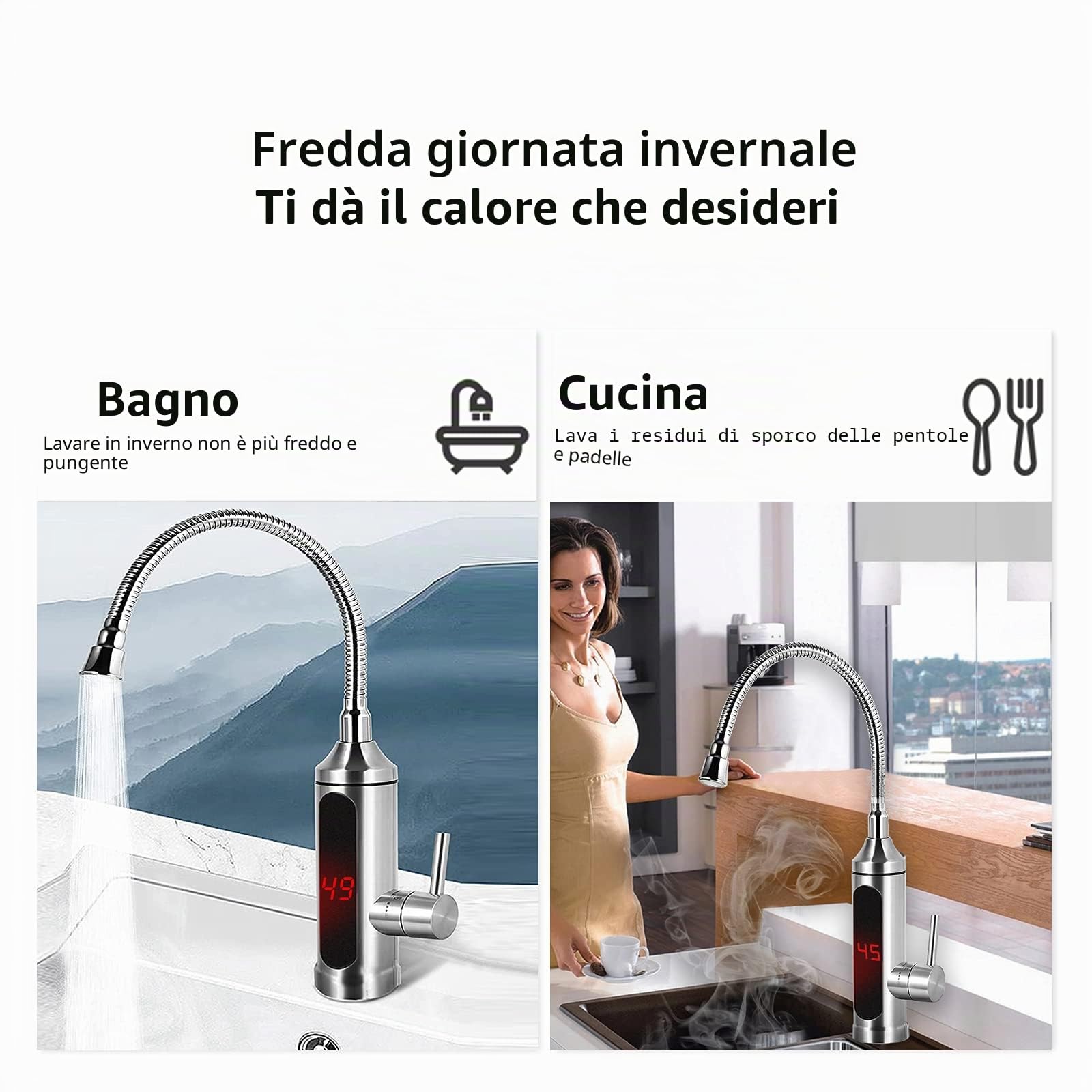 Rubinetto elettrico in acciaio inox, 3300 W, istantaneo, caldo, per cucina, riscaldamento elettrico, rubinetto con scaldabagno a 360°, indicatore di temperatura LED intelligente