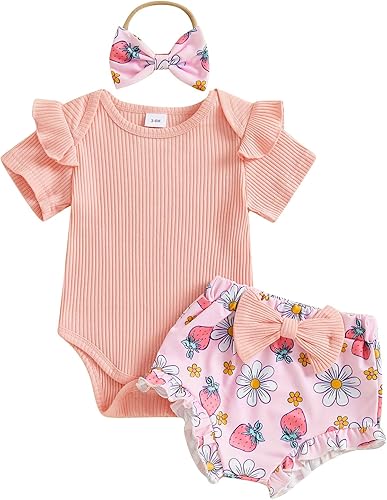 Conjunto de 3 piezas de ropa de verano para bebé recién nacida, con volantes, manga corta, cintura elástica, pantalones cortos y diadema