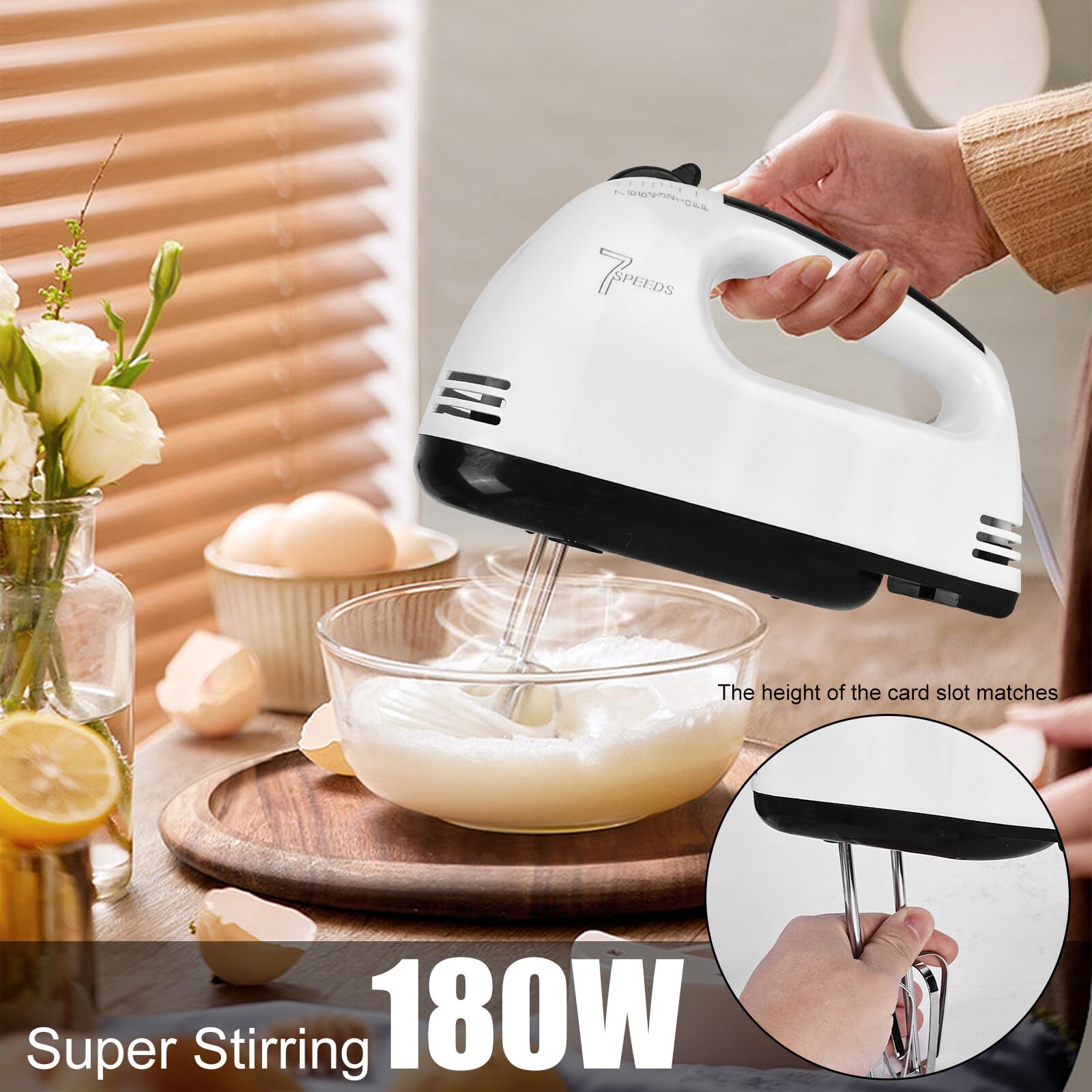 Batidora eléctrica de mano: batidora de mano de 7 niveles con mango ergonómico, batidor eléctrico con 2 varillas y 2 ganchos para amasar de acero inoxidable, 1 batidor y 1 separador de huevos, apto