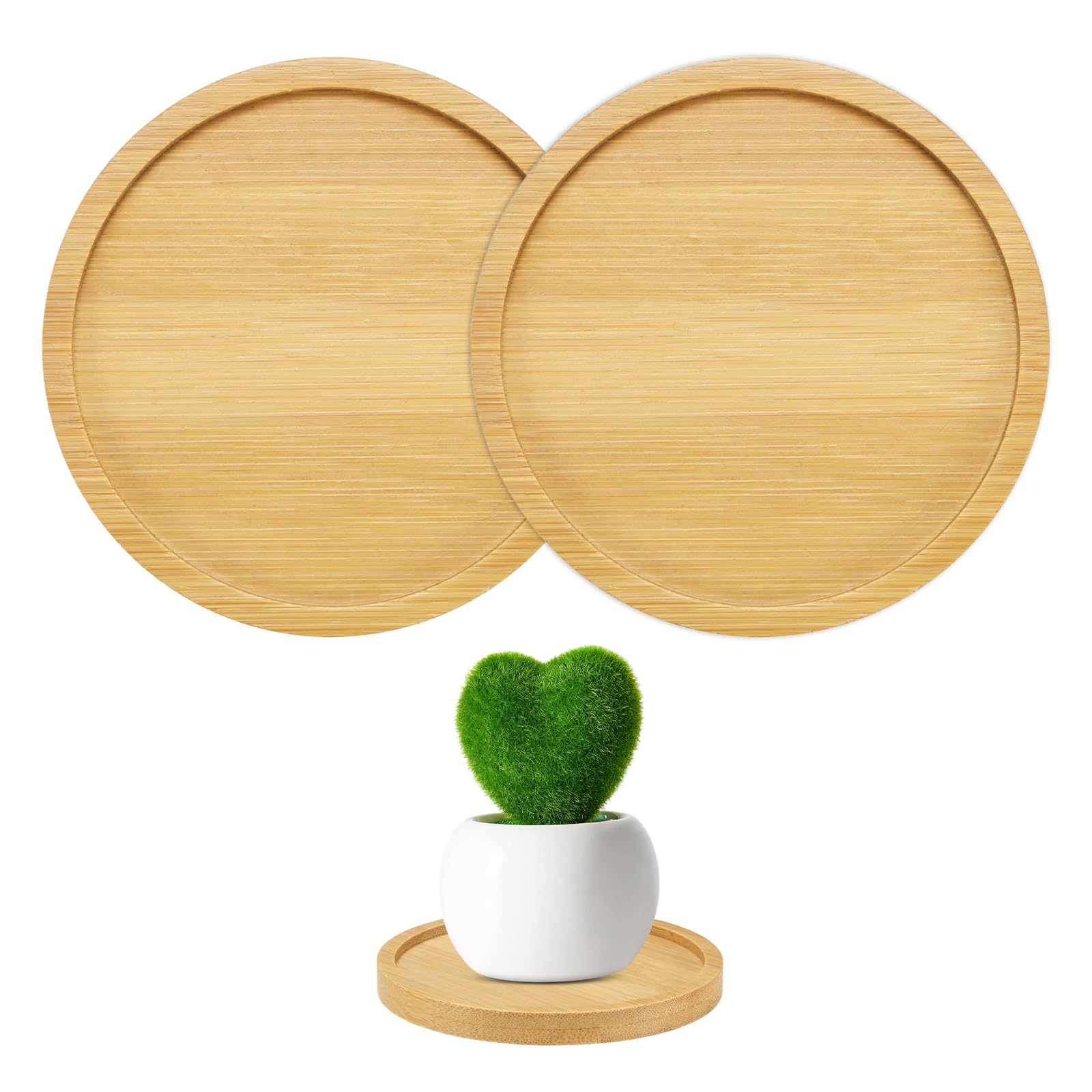 M METERXITY 2-Pack Bamboo Plant Saucer, 3.35 Inch / 8.5cm ID Round Flower Pot Plant Saucers for Indoor/Outdoor/Succulent, Wood Drip Tray [3.74 Inch/9.5cm OD]