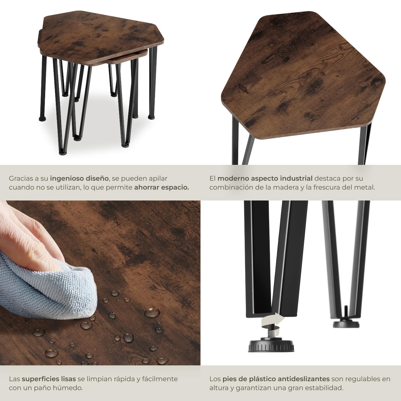 tectake® Juego de 3 Mesas Auxiliares, Ideales como Muebles, Mesa de Centro o Mesa Auxiliar Salon, Mesitas de Noche, Decoracion Hogar - 58,7 x 52 x 45,5 cm Madera Industrial Oscura, Rústica