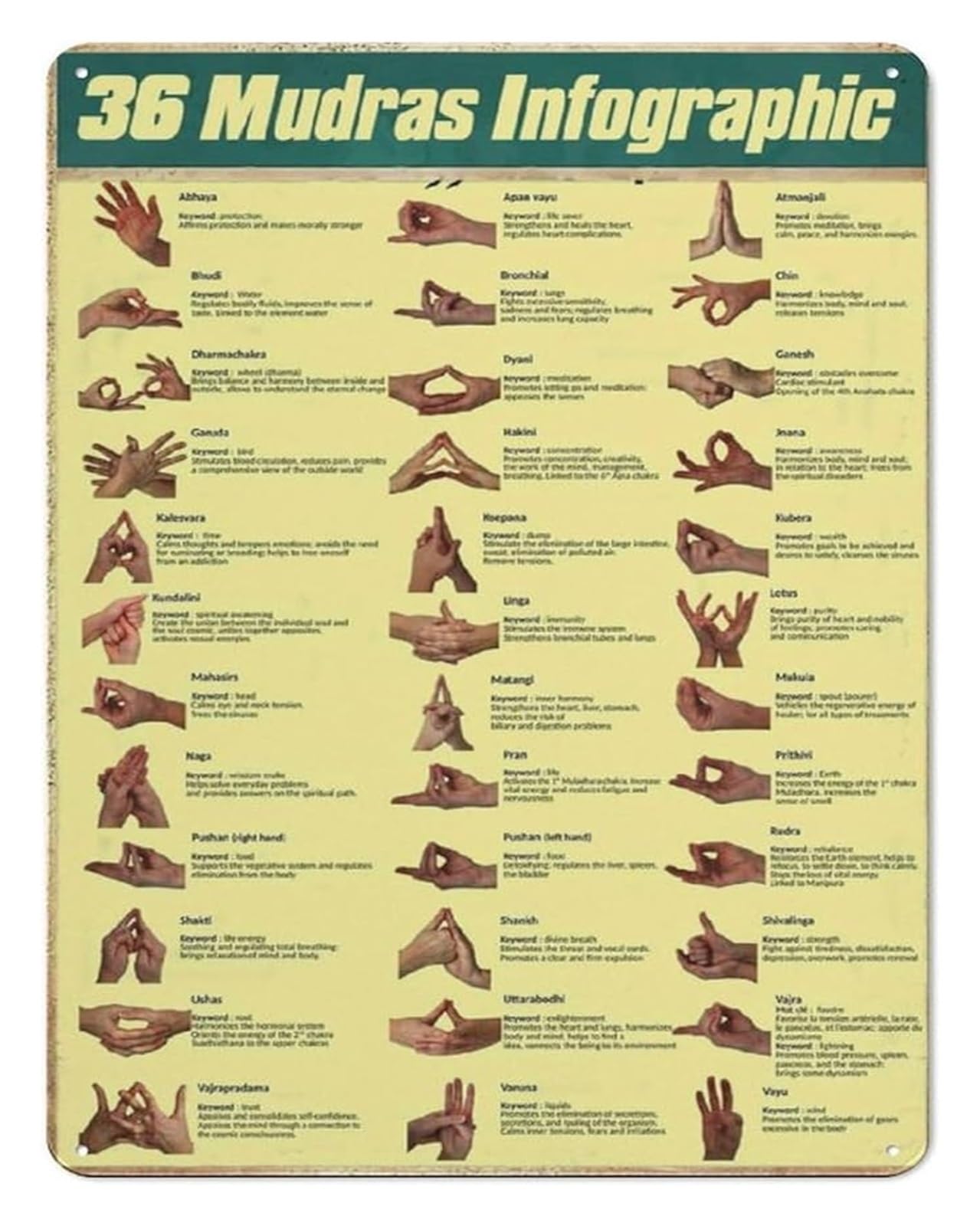 IDGTTLDF 36 Mudras for and Hand Gestures Guide Vintage Metal Tin Sign Knowledge Poster Spiritual Wall-Art Decor 8 X 12 inch