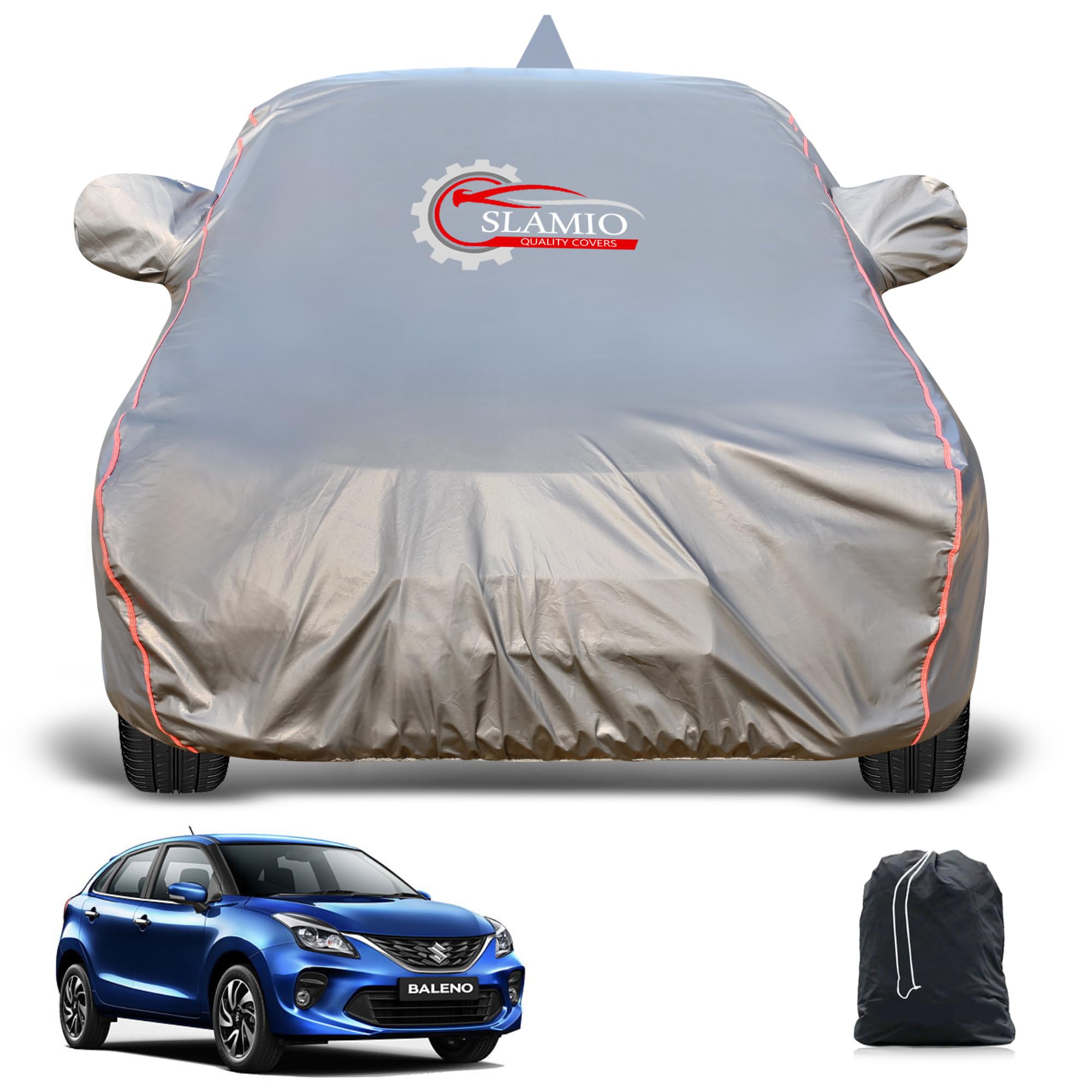 Slamio Premium All-Weather Car Cover for Maruti Baleno 2018-2025 | Triple Layer | Waterproof, Dustproof, UV Protection | Mirror & Antenna Pockets | Windproof Buckles Dark Grey-image-20