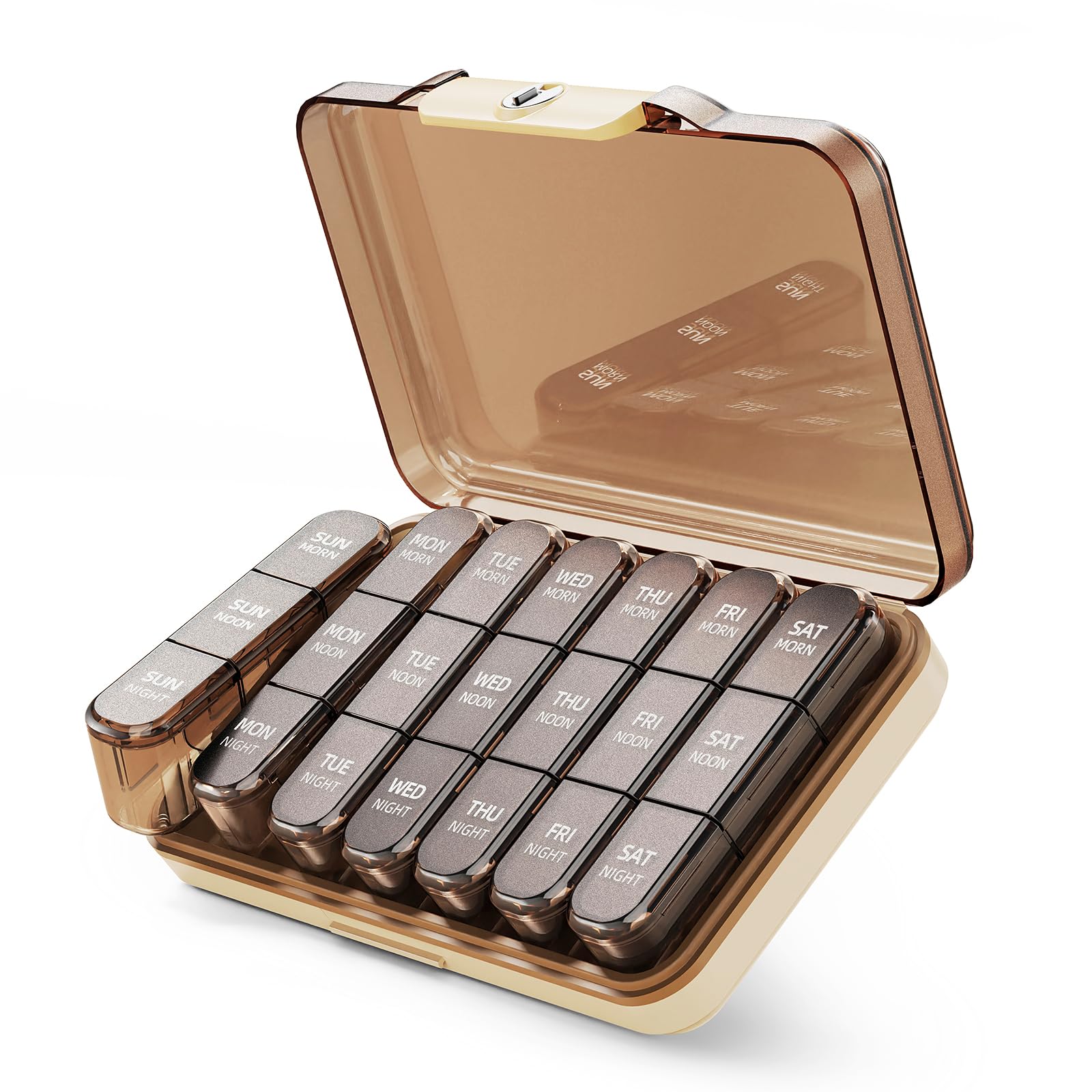 Photo 1 of ZHIYES Weekly Pill Organizer 3X a Day, Detachable 7 Day Pill Box 3 Times a Day with Moisture-Proof Design, Portable Light-Proof Daily Pill Case for Pills,Vitamin,Fish Oil and Supplements(Brown)
