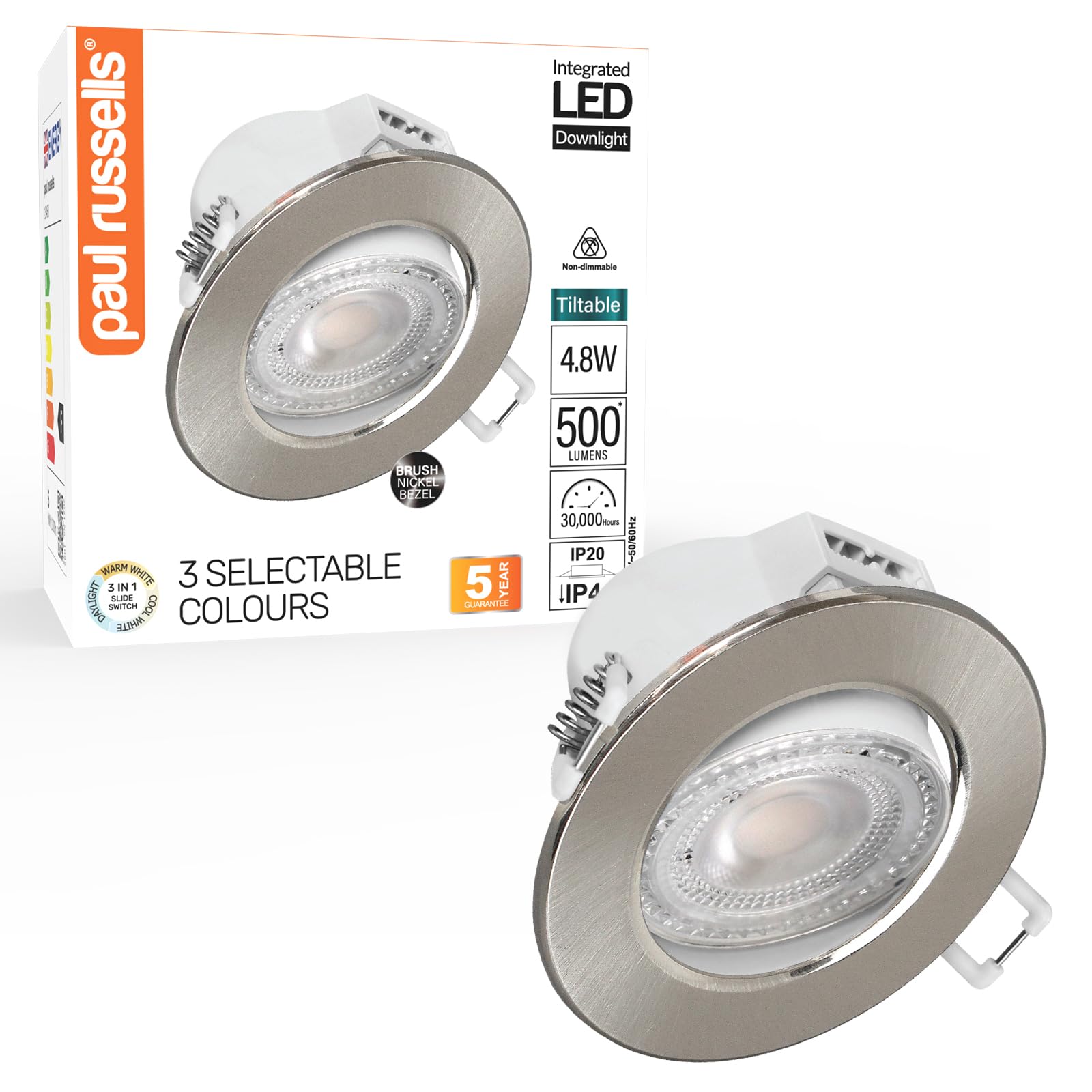 Paul Russells Brush Nickel Led Recessed Tilt Downlight, 4.8W 500Lm, Warm/Cool/Day White 3 Adjustable Cct, Ip44, Round (Not Dimmable) Spotlight For Kitchen, Living & Bathroom Ceiling Lights, 1 Pack (Brush Nickel)