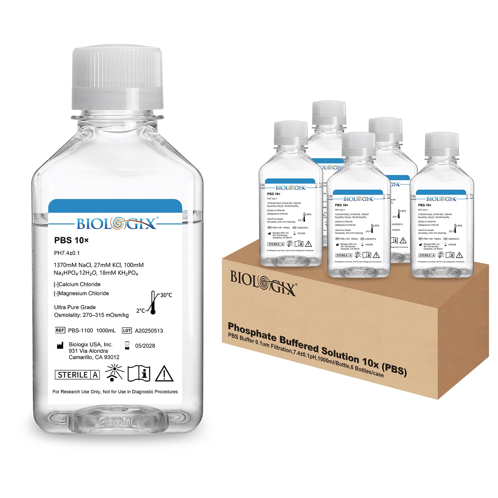 6 pezzi 1000 ml di soluzione tampone di fosfato, soluzione tampone PBS, filtrazione 0.1um, 7.4 PH, 10 concentrati, sterilizzazione, 1000 ml/flacone (6 pezzi da 1000 ml)