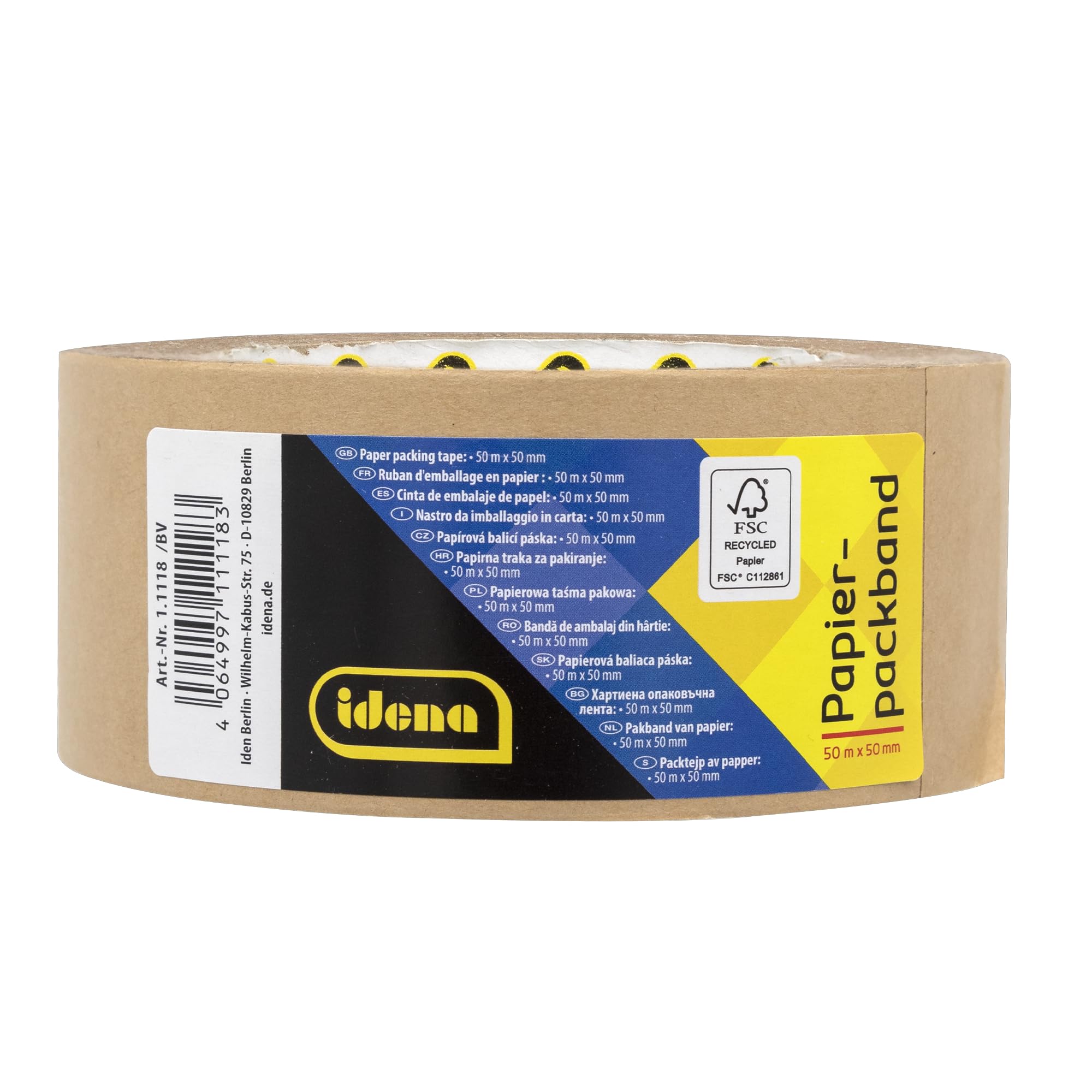 Idena 90269 - Nastro da imballaggio in carta, marrone, 5 cm x 50 m extra forte, 36 rotoli di nastro adesivo in carta riciclata, nastro da imballaggio sostenibile