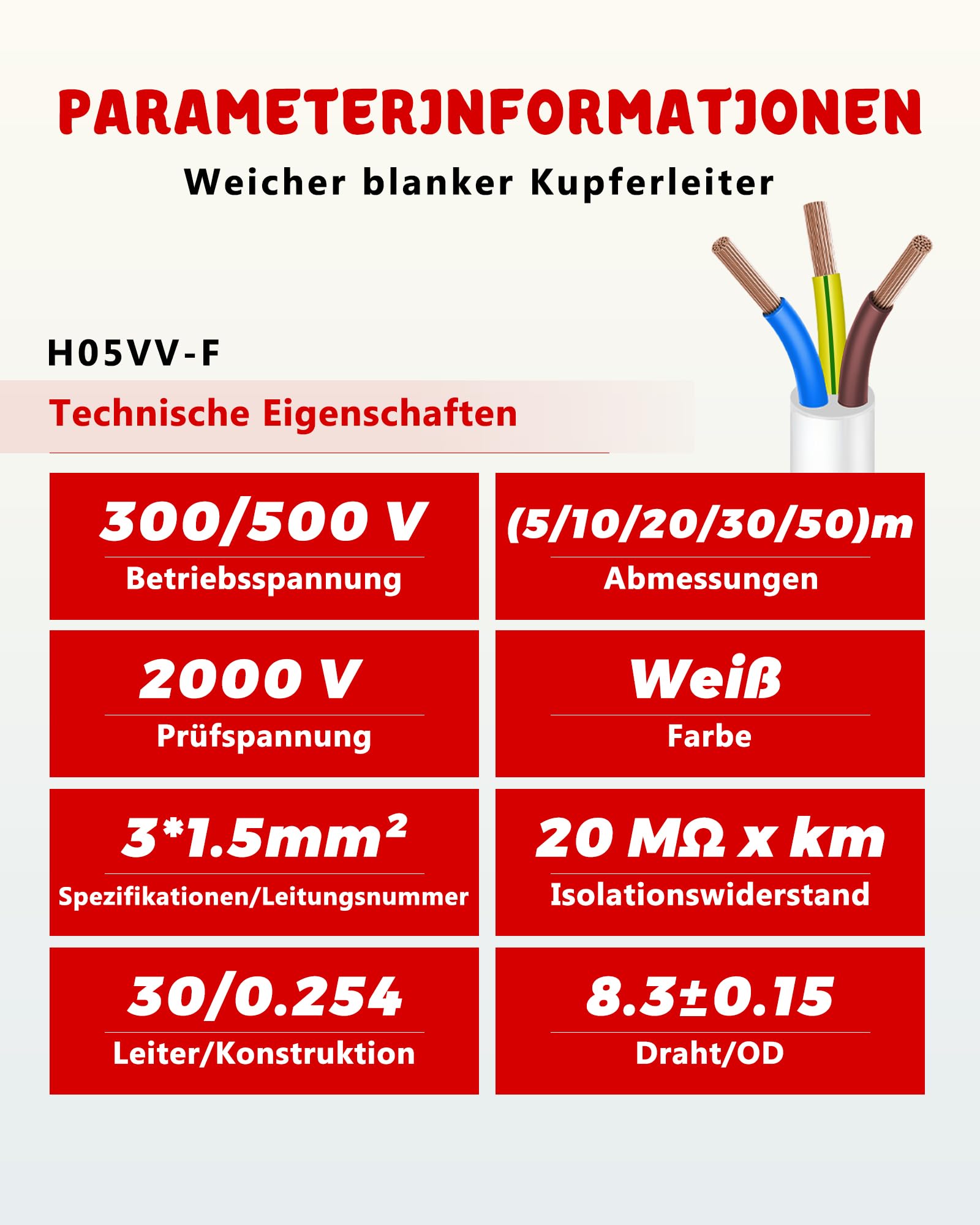 Biały kabel PVC H05VV-F 3x1,5 do urządzeń elektrycznych - długość 30 metrów - wielożyłowy drut miedziany - Napięcie 300/500V - DIY Pro & Home