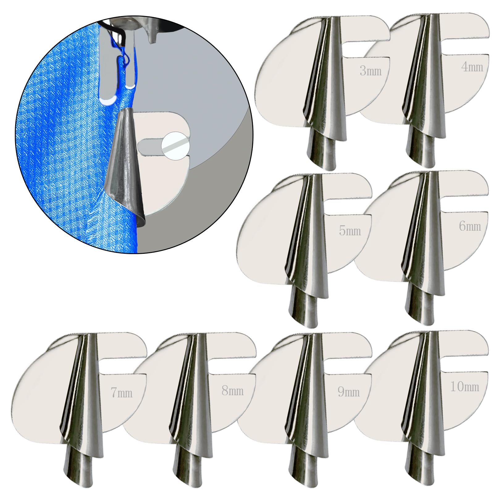 FLYAMAPIRIT Näh Rollsaumfuß Set [3 mm–10 mm] Edelstahl Rollsaum Nähfüße, gebogener Ringsaum Druckfußsatz für Nähmaschine, Nähsäumfüße (8Stück – 3~10mm)