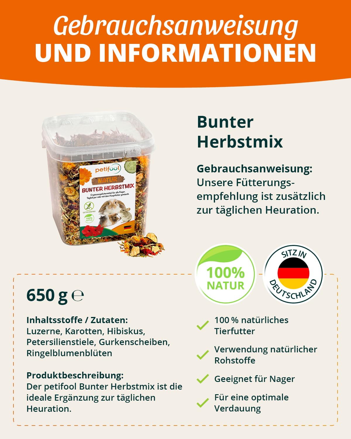 petifool Aliments complémentaires pour rongeurs Mélange d'automne coloré - Nourriture Naturelle et Saine pour Lapins - 650 g