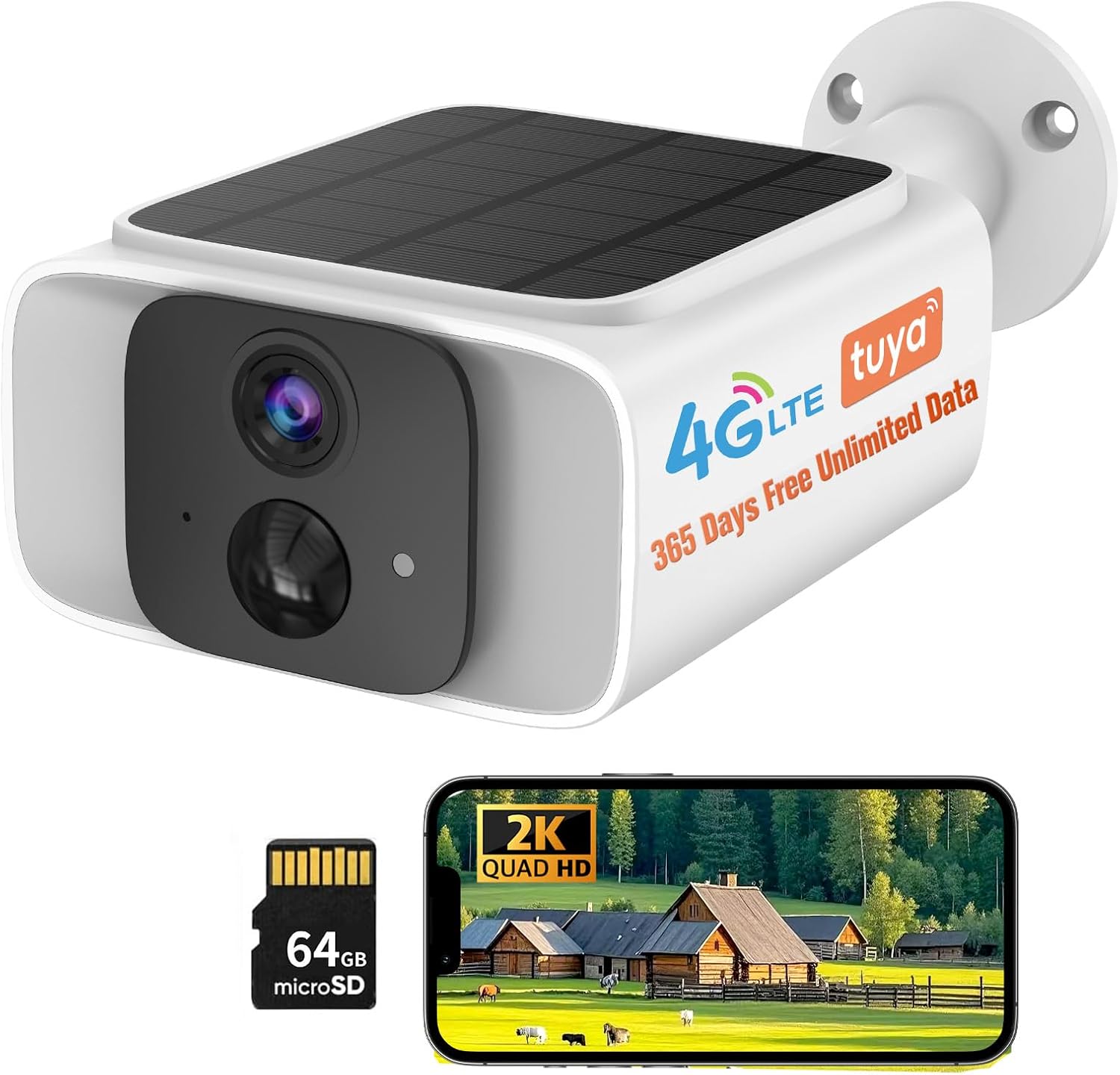 4G LTE Solar Cellular Security Camera Outdoor Wireless, No WiFi Security Camera, 365-Day Free Unlimited Data, PIR Motion Sensor, 2K Color Night Vision, 2 Way Talk, Built-in SIM & 64GB SD Card Included