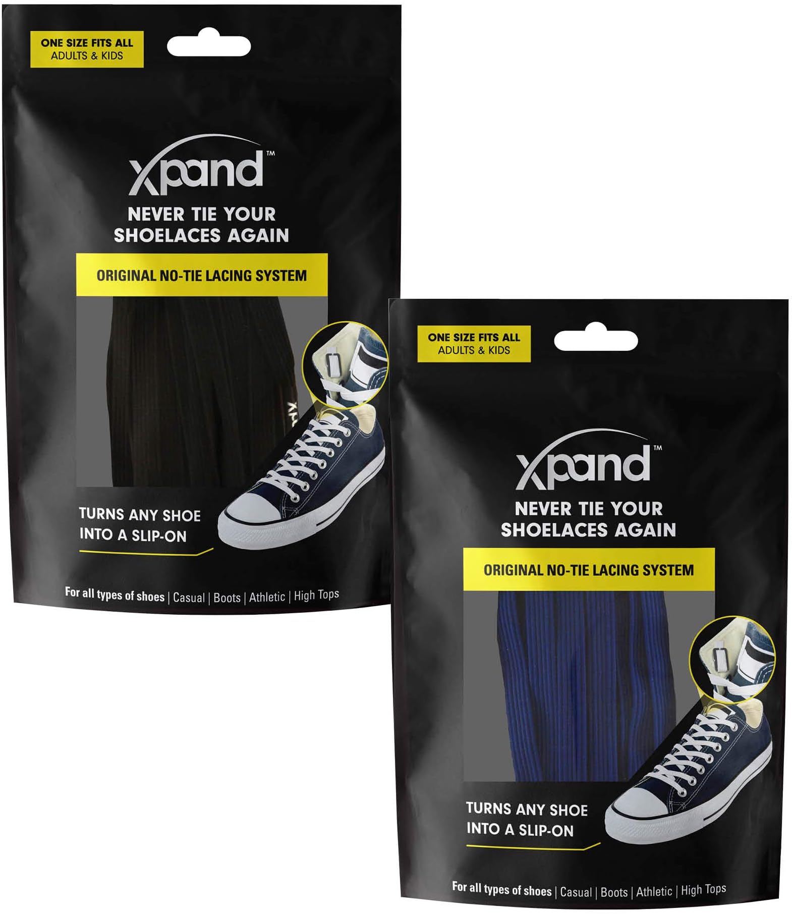 Xpand No Tie Shoelaces System with Elastic Laces - One Size Fits All Adult and Kids Shoes 2-Pack
