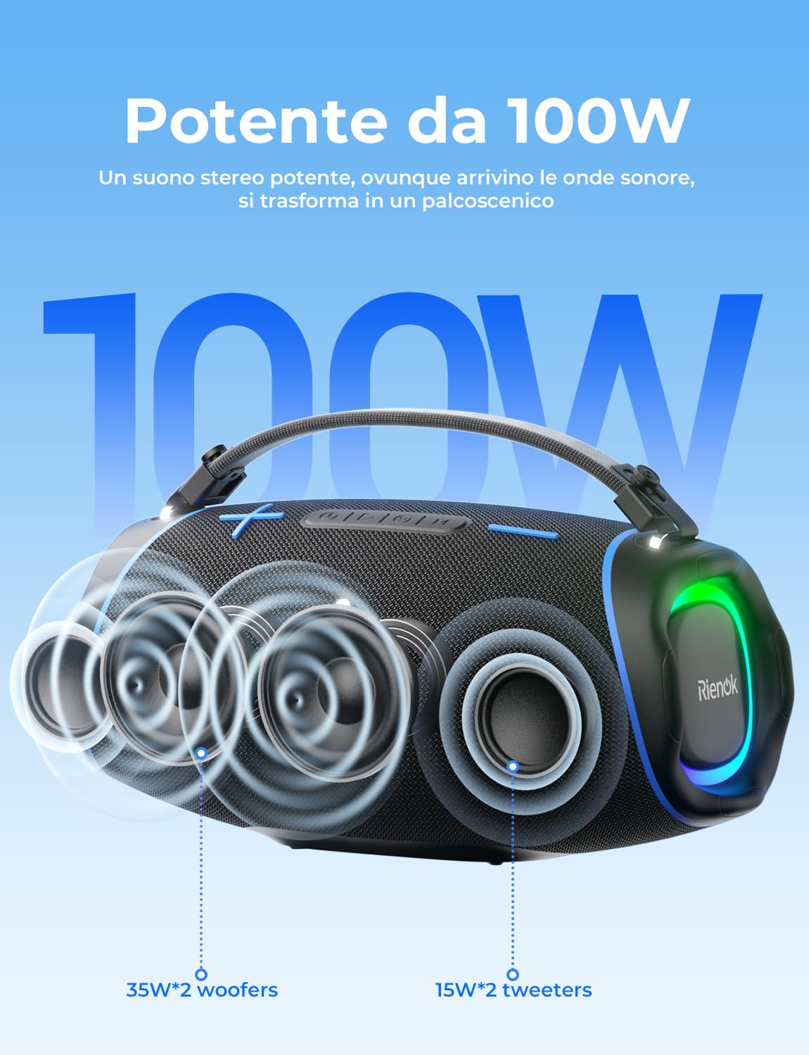 RIENOK Cassa Bluetooth Potente 100W, Impermeabile IPX6 per Esterno Feste | 2 Tweeter 2 Woofer, Supporto USB /Scheda TF /AUX, 30 Ore di Autonomia, Vero Stereo Senza Fili, Chiamate in Vivavoce