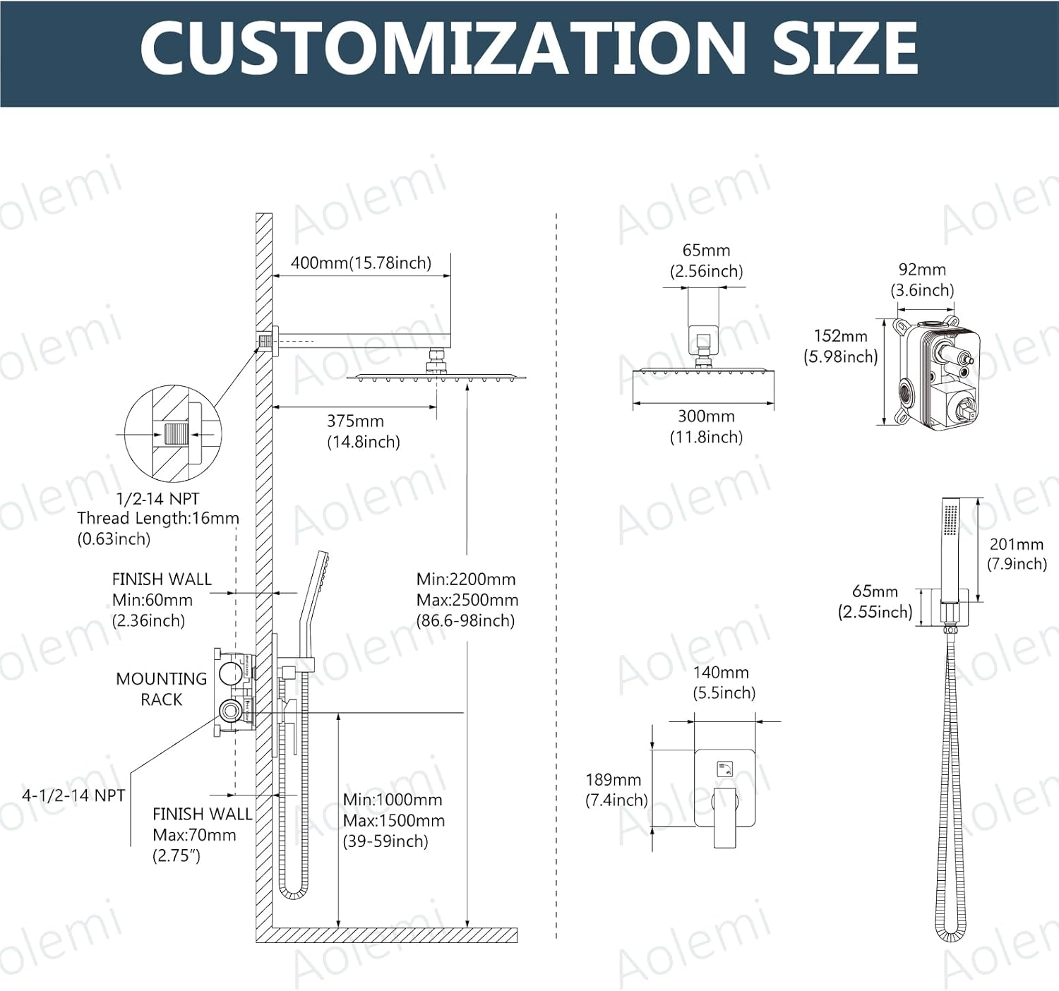 Aolemi Shower Faucet Set Rain Shower System with Handheld Spray Bathroom Shower Combo Rough-in Valve and Shower Trim Kit Included Polish Chrome 12 Inch Wall Mount Shower Head