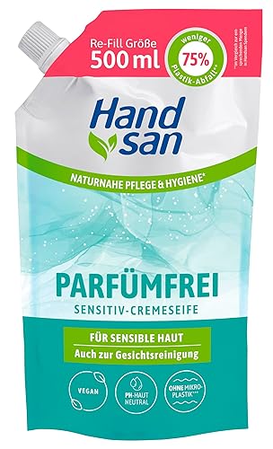 Hand san Cremeseife parfümfrei Nachfüllbeutel 500ml, parfüm-, seifen und farbstofffrei,