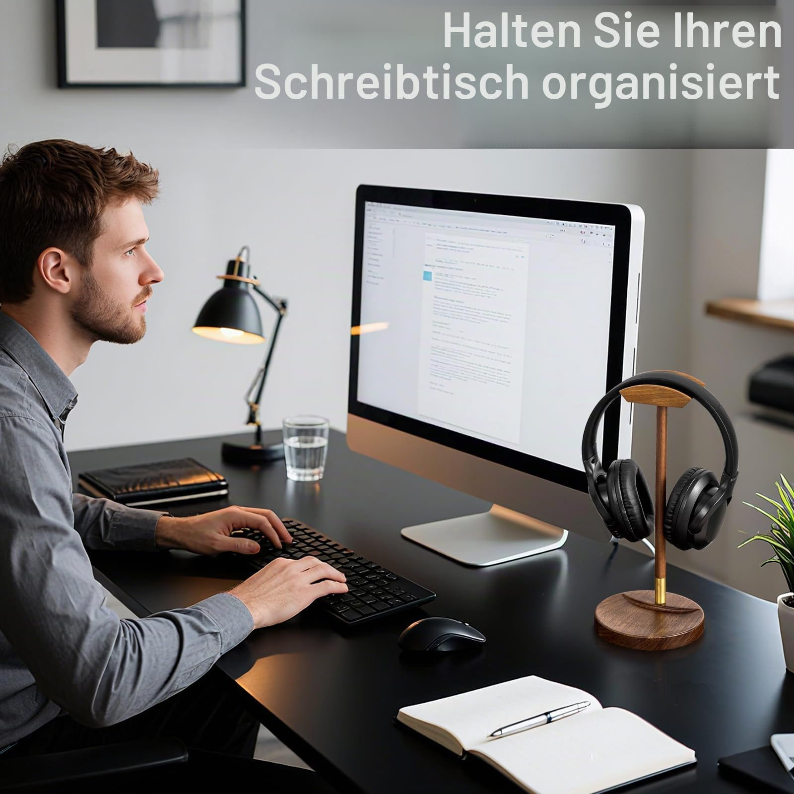 Headphone Stand für Schreibtisch, massiver Holz Gaming-Headset-Ständer, Holz-Headphone-Halter mit Stauraum für AirPods Max und mehr