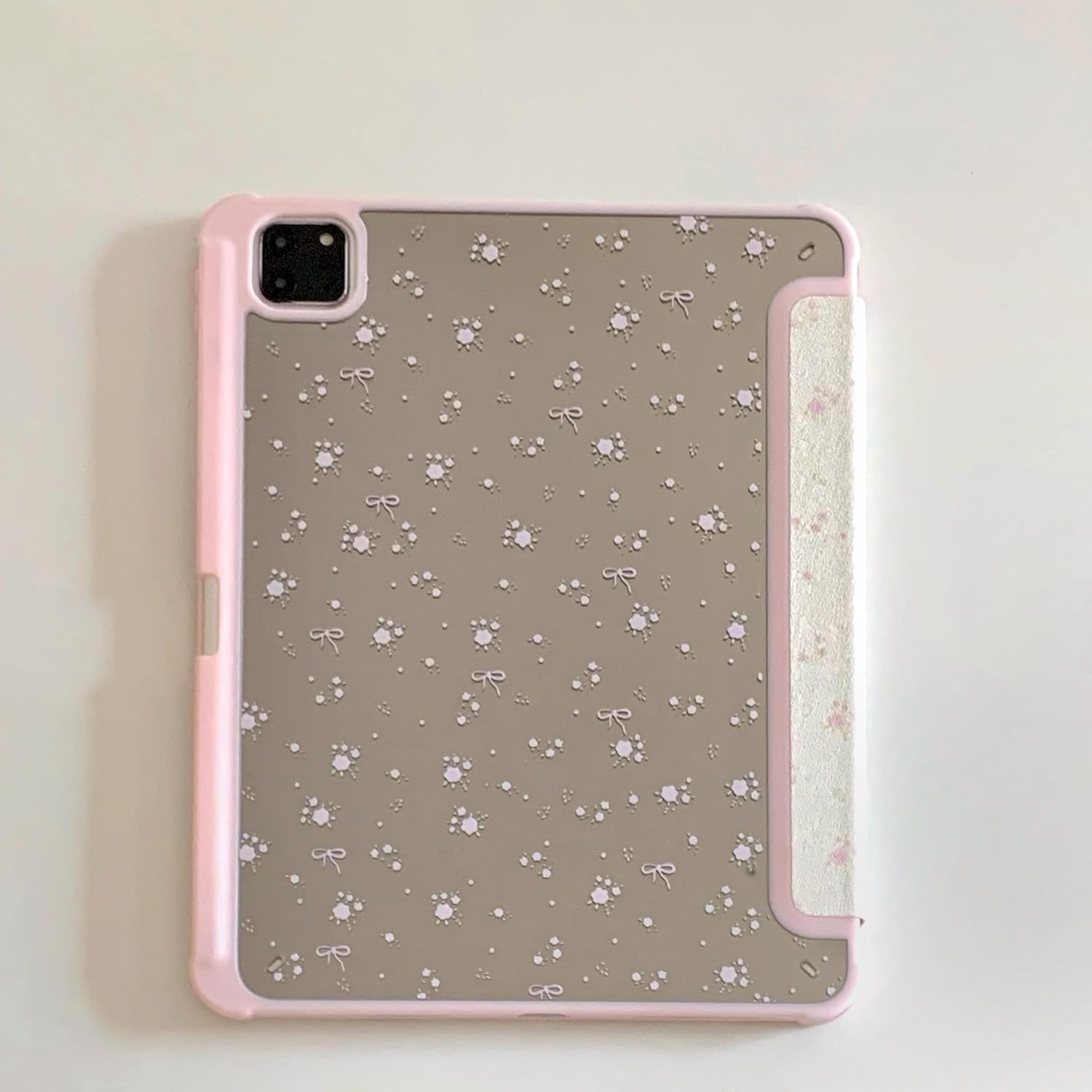 Hard PU Leather Mirror Back Folio Case with Triple Adjustable Kickstand for Apple Pink Bow Ribbon Flowers Floral Light Cream White Refreshing Girls Kids (for iPad 9 10.2-inch 9th Generation 2021)