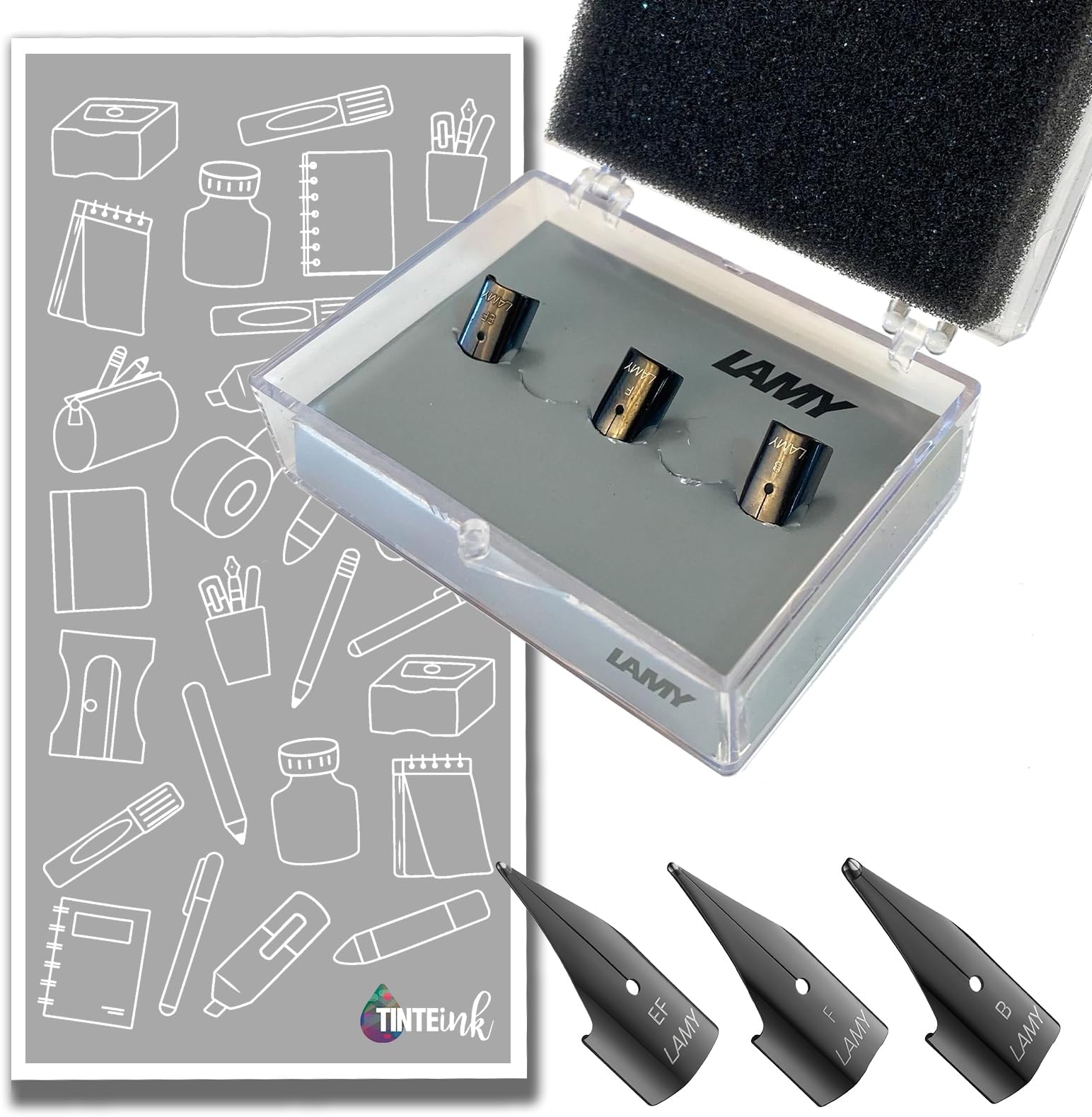 Lamy Safari Nib Kit - Polished & Black Stainless Steel: Choose 5 (XF, F, M, B, 1.1mm) or 3 (XF, F, B) - Protective Box Included! (3 Black Stainless Steel Collection)