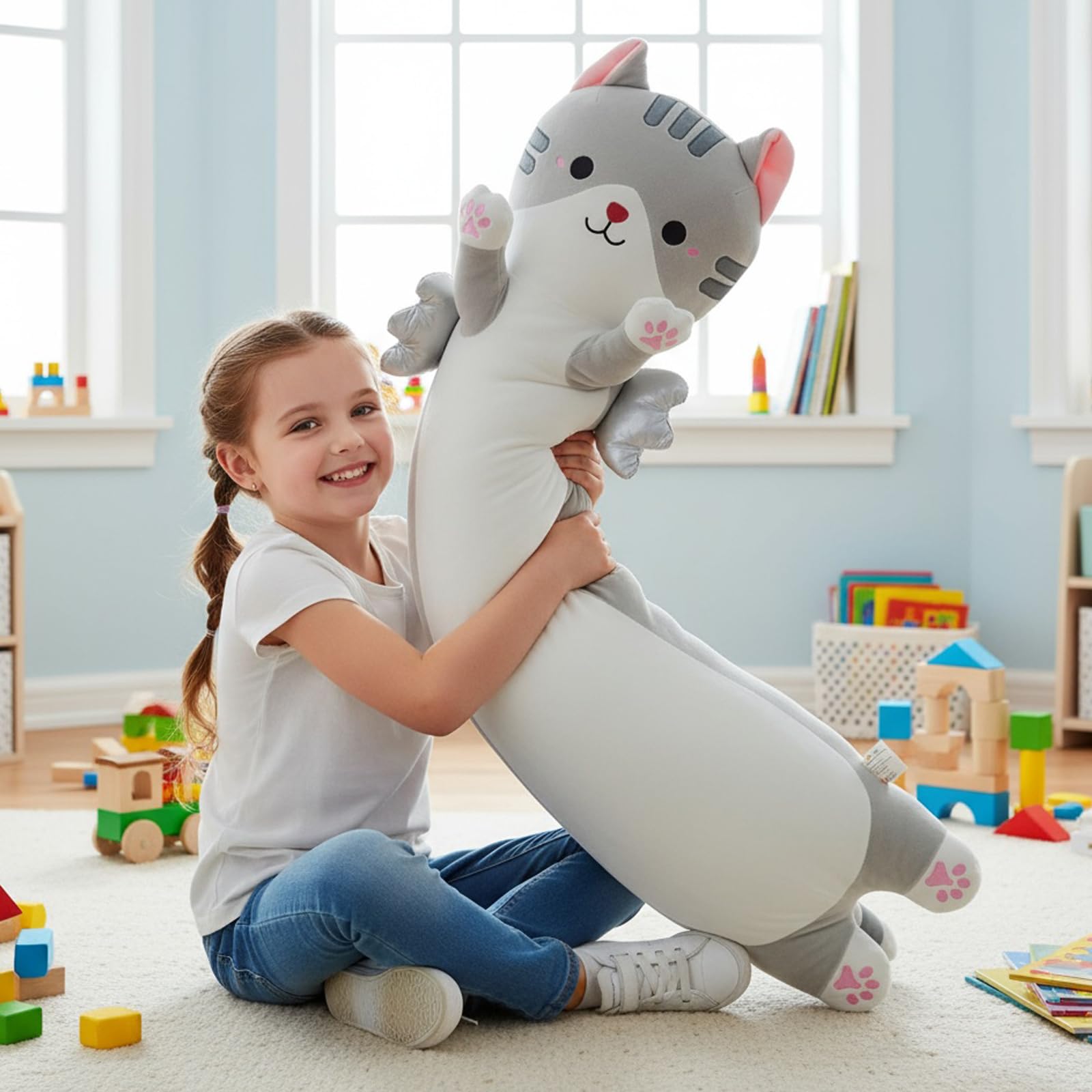 Katzen Kissen mit Flügeln, 110cm Lange Katze Kuscheltier, Weiches Plüschkissen für Seitenschläfer, Süße Kawaii Plüschkatze als Riesen Stofftier für Erwachsene & Kinder (Grau)