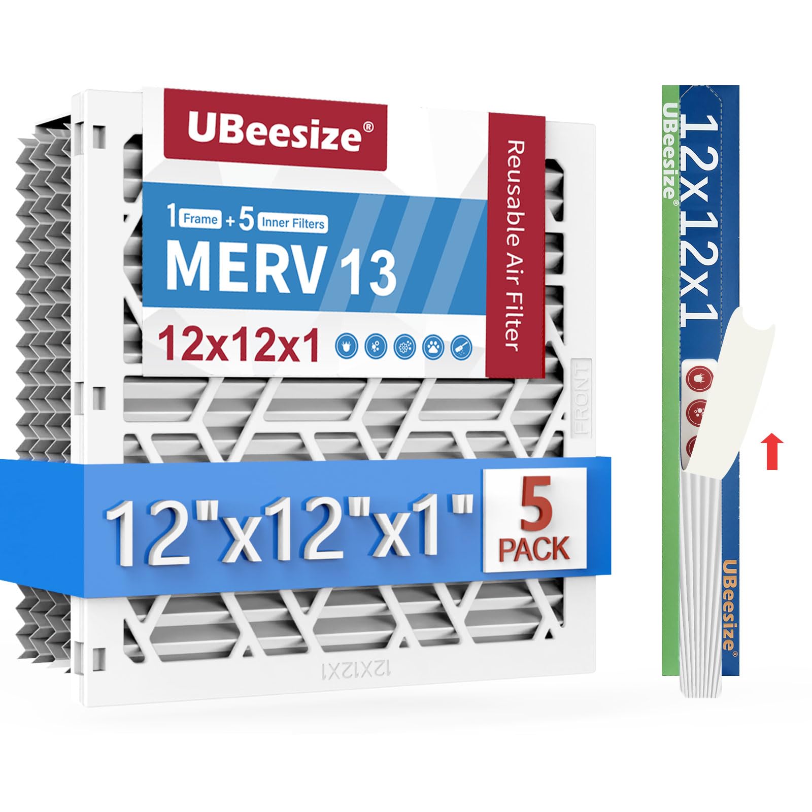 UBeesize Filtro de aire reutilizable de 12 x 12 x 1 (paquete de 5), filtro de aire acondicionado y calefacción, MERV 11, MPR 1800, fácil de cerrar/abrir, 1 marco ABS reutilizable + 5 filtros