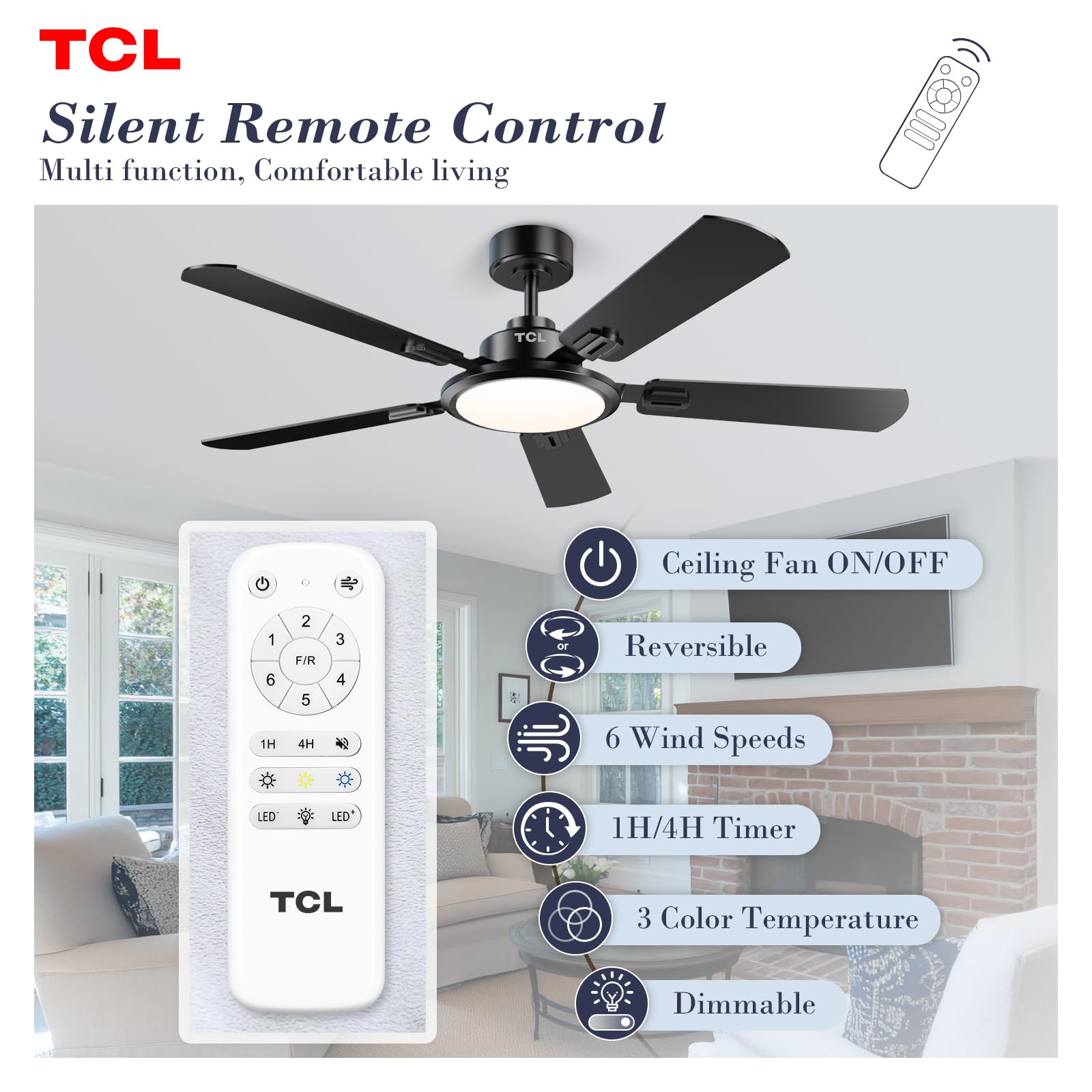 TCL Ceiling Fans with Lights 52 Inch Ceiling Fan with Light and Remote Control Reversible DC Motor Noiseless — view 2
