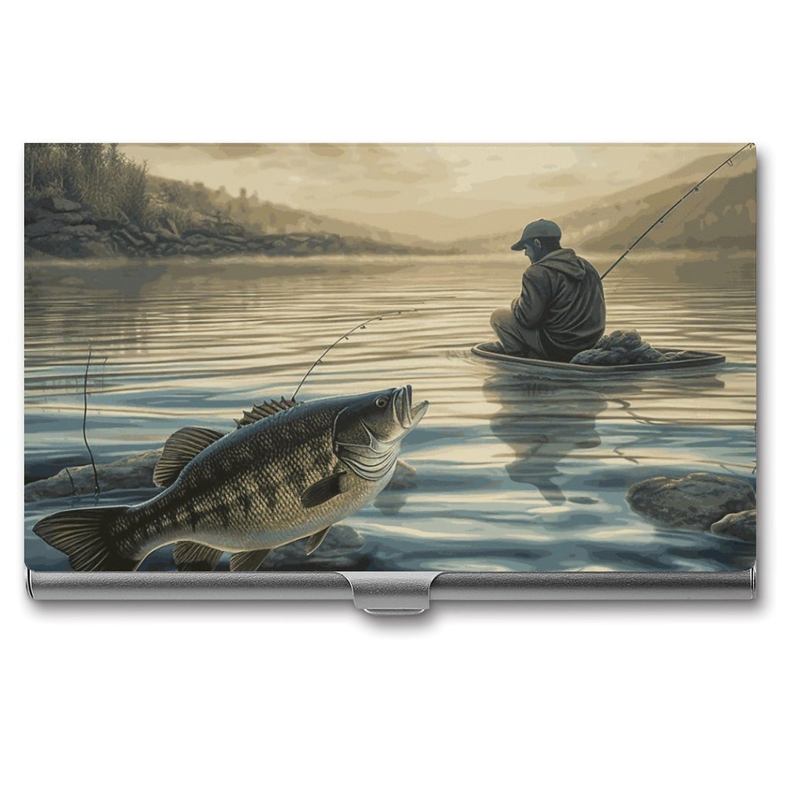 DWVTSLH Lake Fish Fishing Business Card Holder, Slim Portable Metal Business Card Case Pocket Wallet Professional Name Cards Holder for 22-30 Cards, Credit Card ID Case/Holder for Men Women