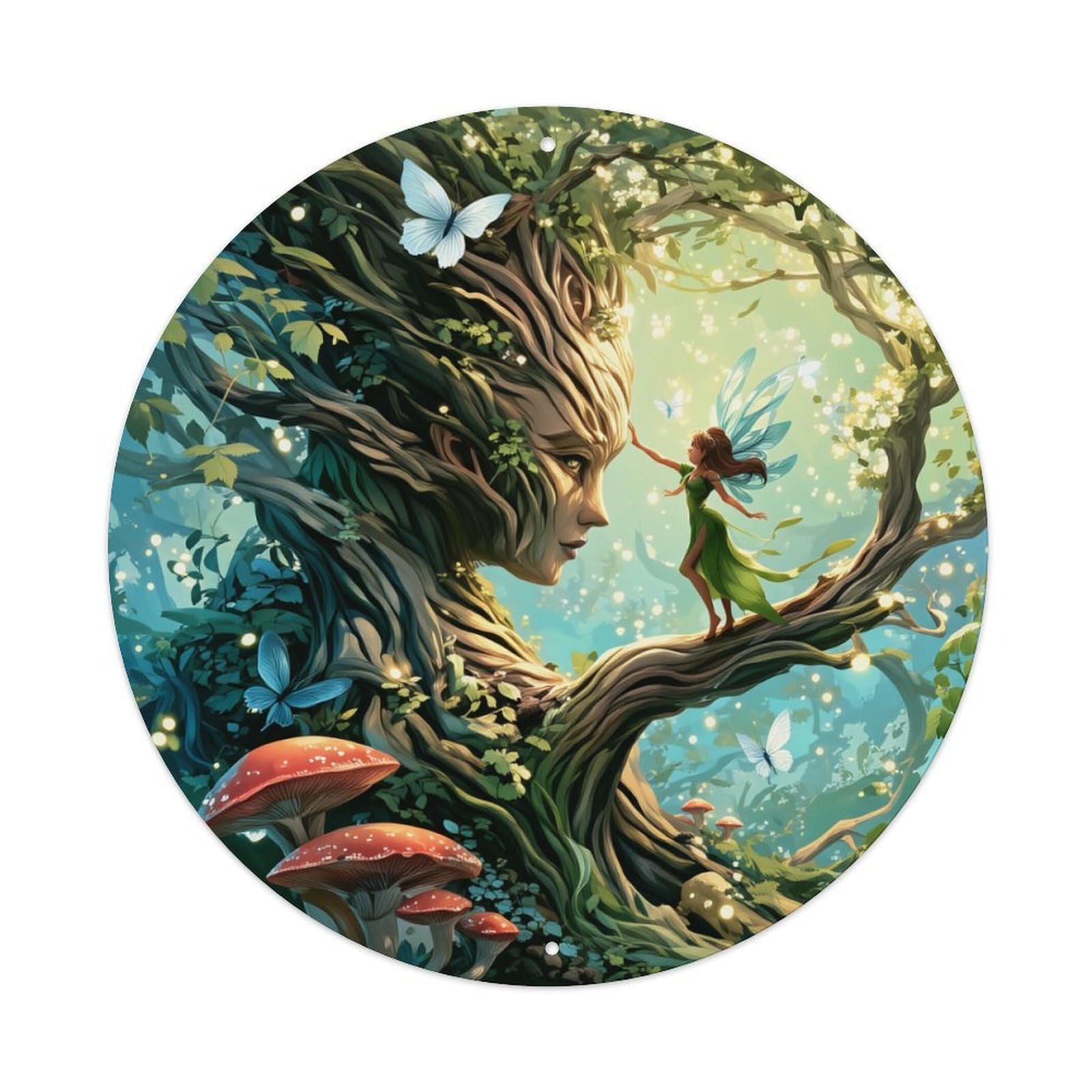 Fantasy Forest Fairy Tree Mushroom Round Tin Sign Vintage Metal Poster, Home Bar Garage Man Cave Cafe Indoor & Outdoor Wall Decoration 8x8Inches