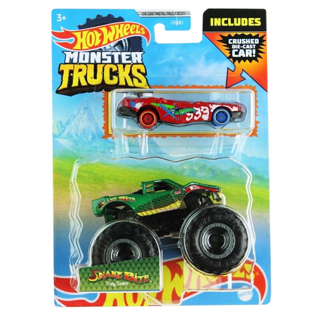 Hot Wheels Monster Trucks Snake Bite, include auto pressofusa schiacciata