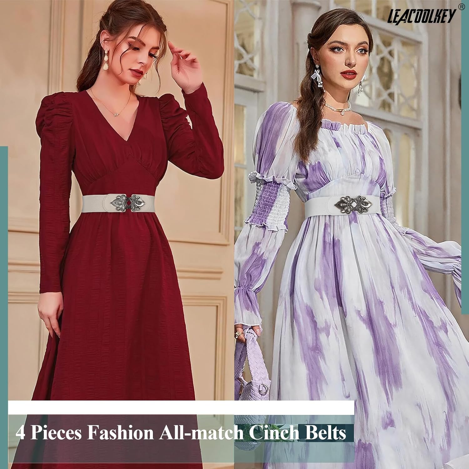 LEACOOLKEY 4 Pack Women Wide Elastic Waist Belt for Dress Plus Size Vintage Stretch Belt Retro Buckle 2.36" Width - Image 3