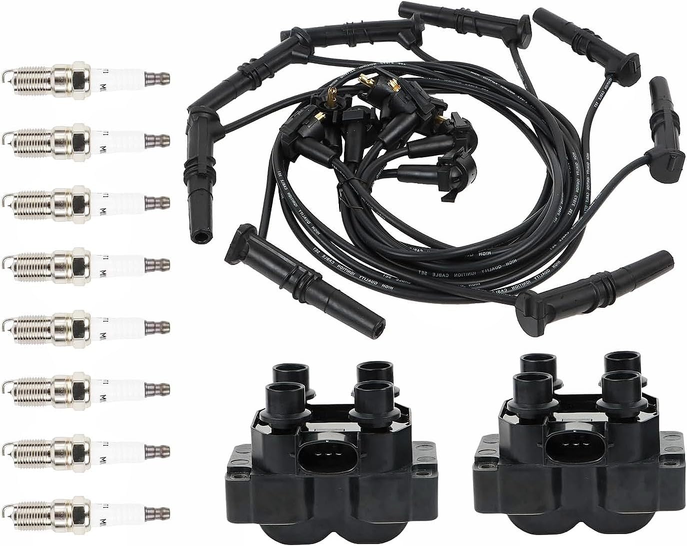 2PCS FD487 Ignition Coils and 8 Iridium Spark Plugs with Wire Set Compatible with Mercury Lincoln Town Car Ford Expedition F-150 Crown Victoria 4.6L V8 Replace DG530 DG523