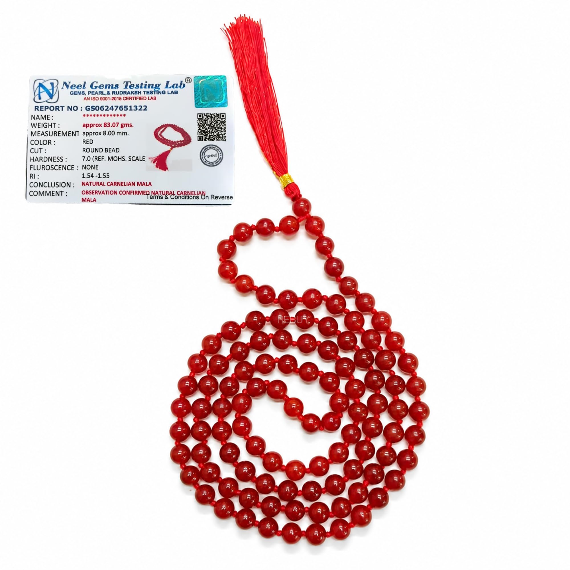 REBUY Carnelian Mala Crystal Healing Stone Mala 108+1 Prayer Beads For Men and Women, Bead Size 8 mm