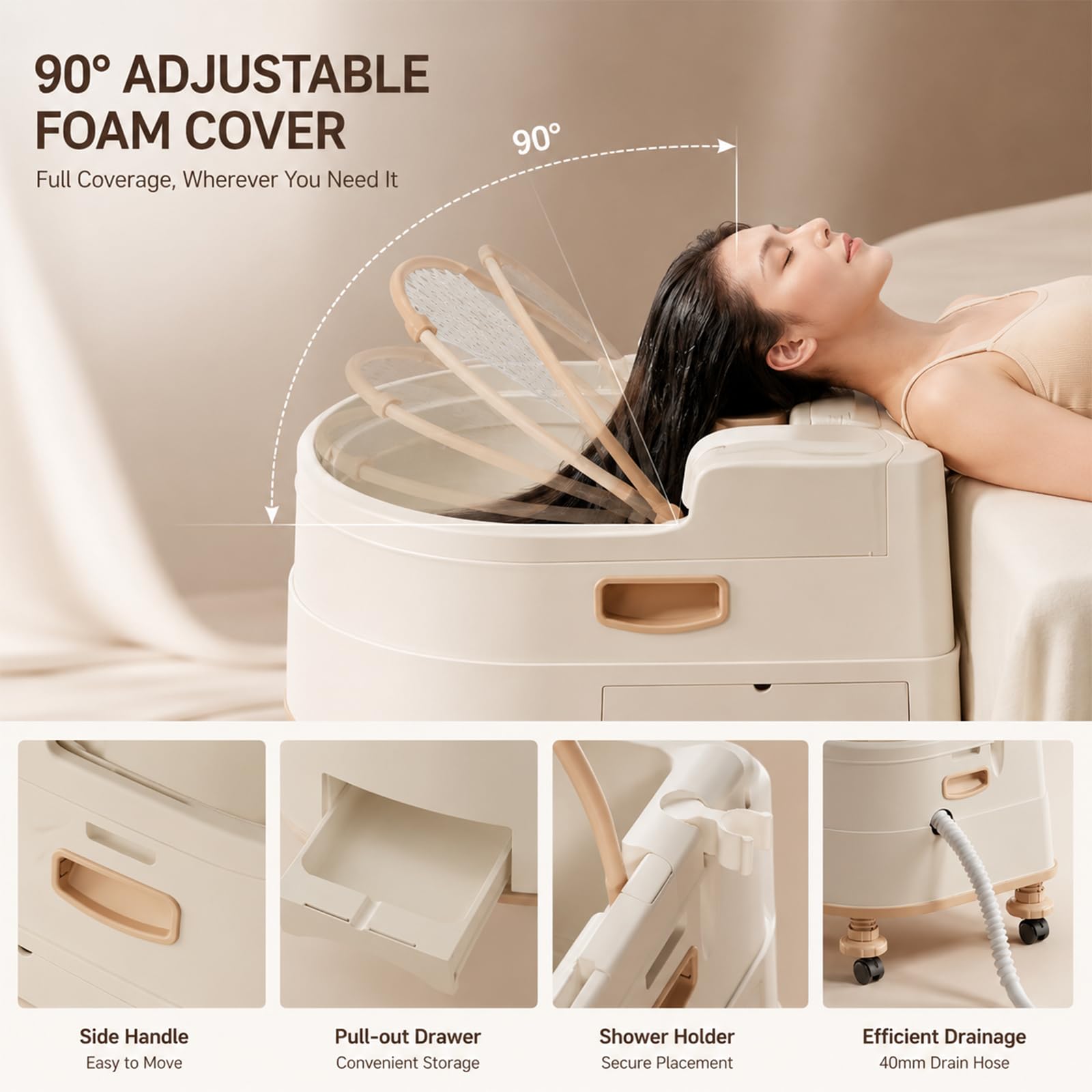Lavacabezas Portátil para Cama, Lavabo de Peluquería Ajustable con Cojín de PU, Alcachofa de Ducha y Ruedas, Equipo de Head Spa Doméstico para Pelo Beige