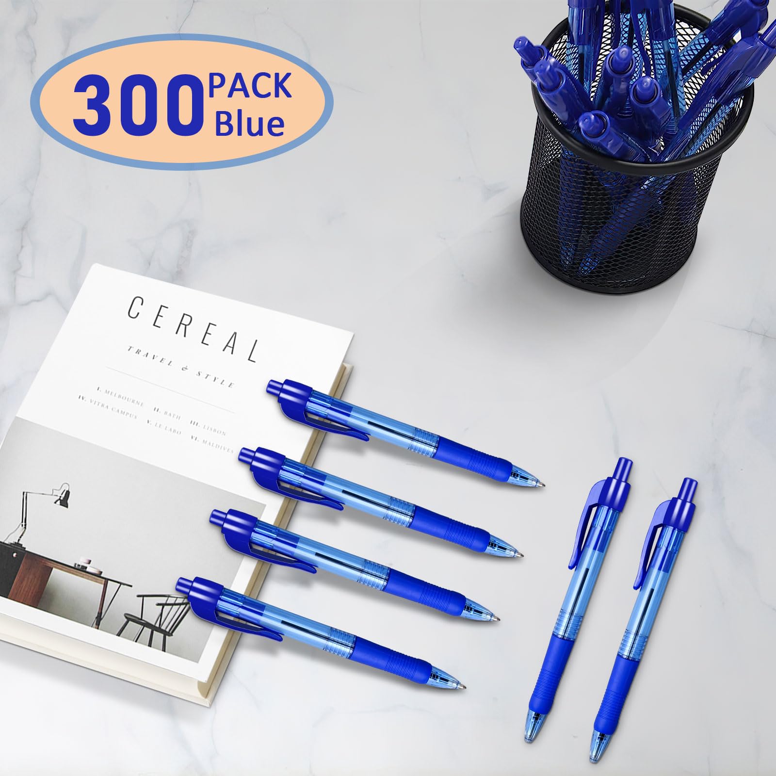 Lot de 300 stylos à bille rétractables à encre bleue de 1 mm, pointe moyenne lisse, pour journal, écriture, bureau, fournitures scolaires