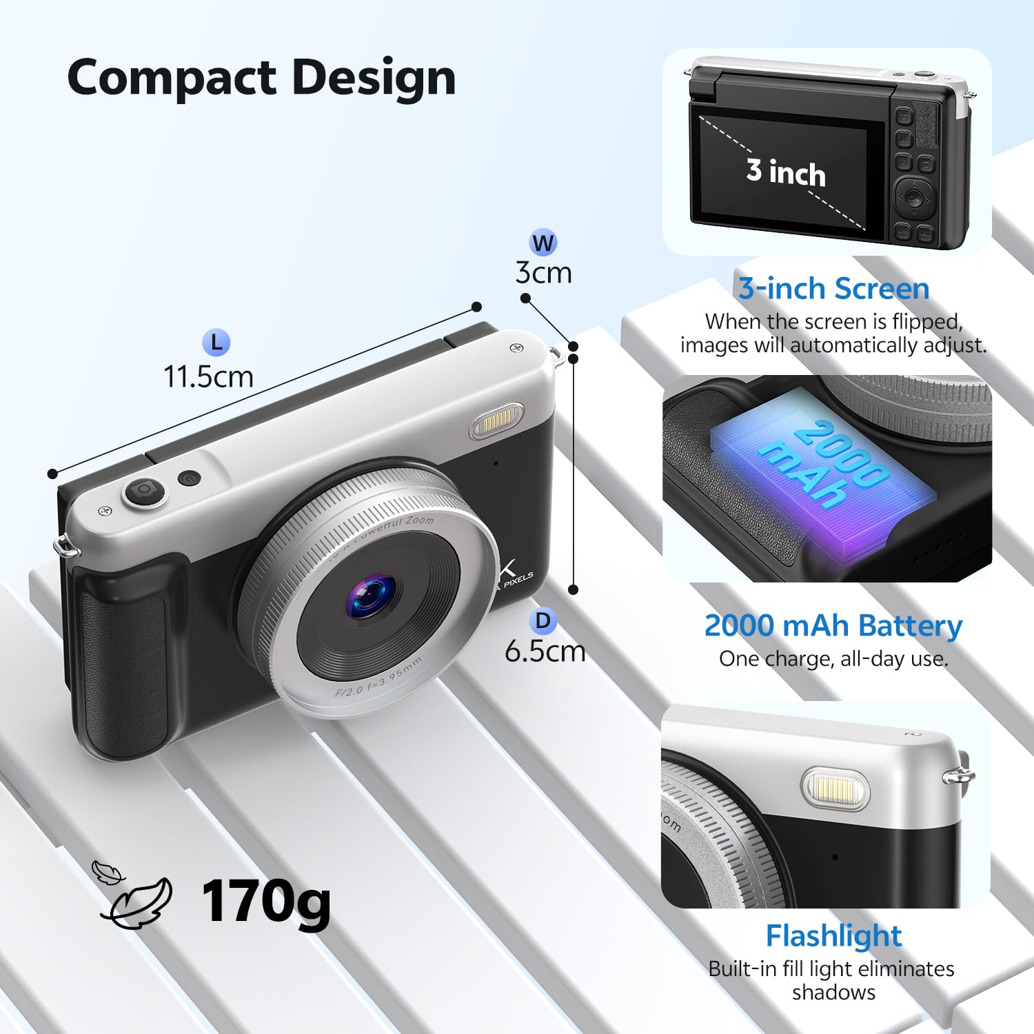 Cámara digital para fotografía, cámaras de vlogging 4K de 75 MP, zoom de 16 x cámara de enfoque automático con pantalla abatible de 3 pulgadas de 180°, cámaras digitales portátiles para principiantes