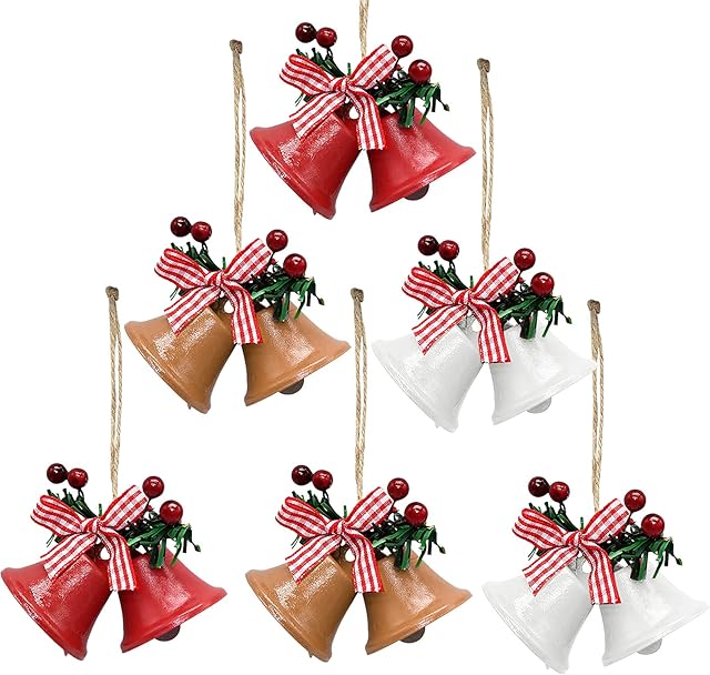 WWW Christmas Bell Ornaments,6 Pair Metal Jingle Bells with Bowknot and Holly Berry for Christmas Tree Decorations,Window Door Christmas Holiday Party Supplies,3 Colors