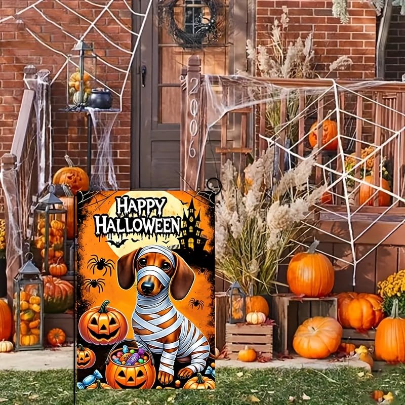 Image of BlissYard Halloween Trick or Treat Garden Flag,Halloween Garden Flag with Mummy Dachshund and Pumpkins,halloween garden flags for outside, 12x18 Inch Festive Yard Decoration