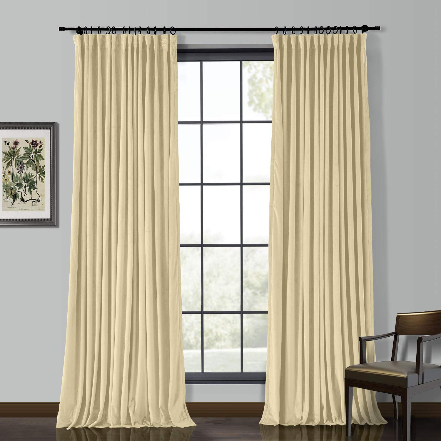 Luxury Cream Velvet Curtain 55" W x 72" L Thick Blackout Pencil Pleat Drapery for Living Room Bedroom Elegant Panel with Solid Matt Heavy Texture