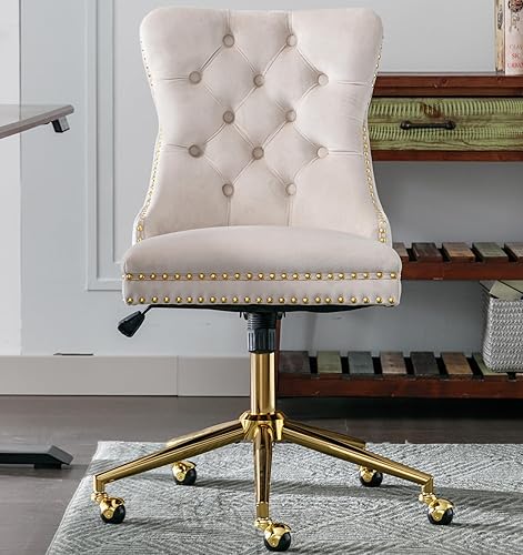 JINS&VICO Silla decorativa sin brazos para oficina en casa con ruedas giratorias de 360, patas de madera tapizadas con respaldo medio, silla de