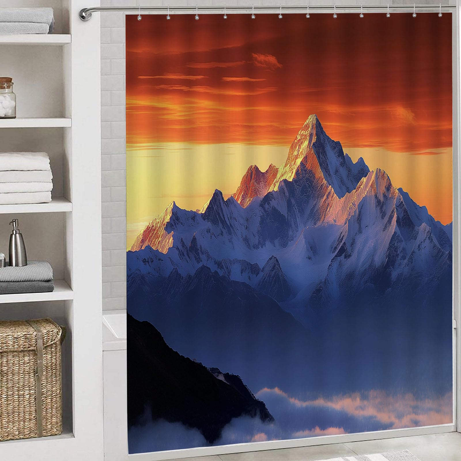 Duschvorhang 240x200cm Polyester Textil mit Natur Sonnenaufgang Muster,Waschbar duschvorhänge,Gebirge Wasserdicht und Schnell Trocknend badevorhänge mit 12 Hake