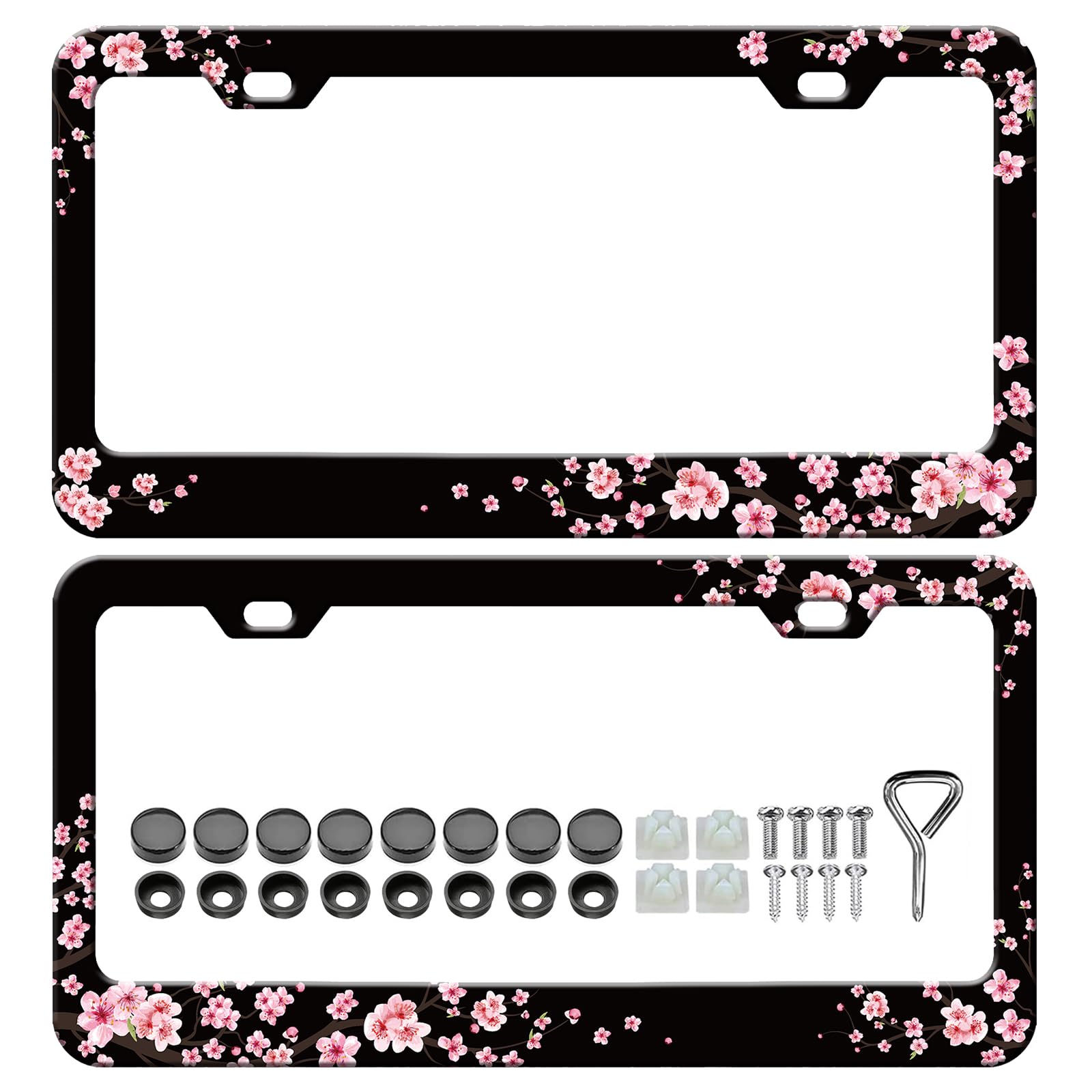 Cherry Blossom License Plate Frames - 2 Pack Front Rear Beautiful Pink Flowers License Plates Holder Covers, Aluminum Metal Rust-Proof Waterproof Car