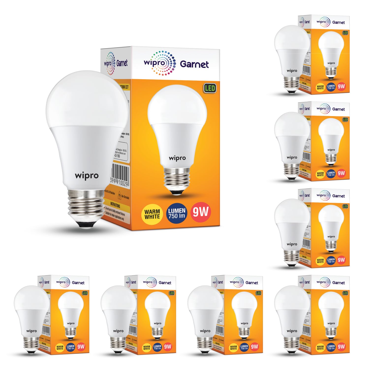 wipro Garnet 9W LED Bulb for Home & Office |Warm White (2700K) | E27 Base|220 degree Light coverage |4Kv Surge Protection |400V High Voltage Protection |Energy Efficient | Pack of 8