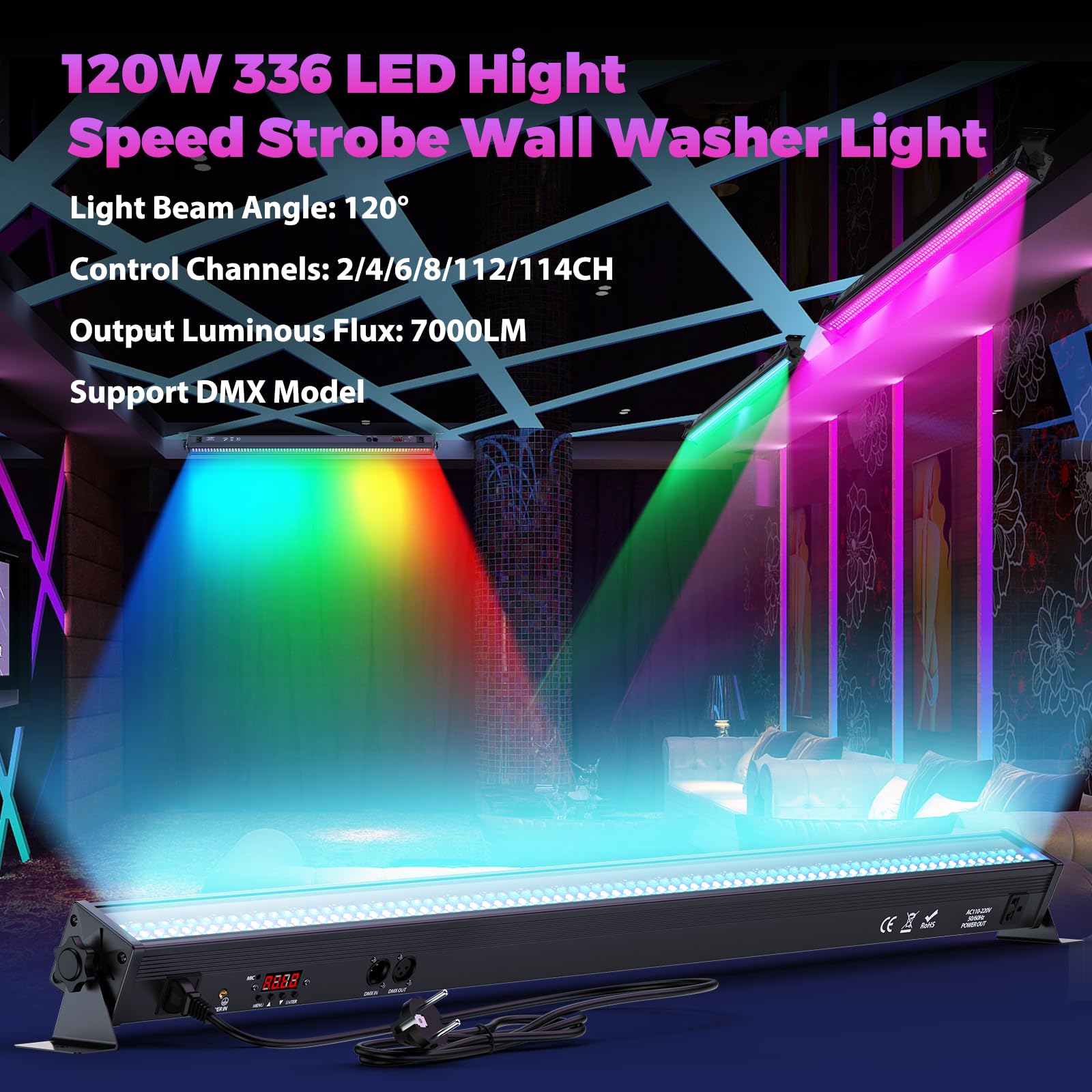 336 LED Bar Wallwasher, U`King 120W RGBW Lichteffekte Bühnenlicht Strahler, Discolicht Partylicht dmx Controller Strobe Beleuchtung für DJ Party Outdoor, 1 Stück