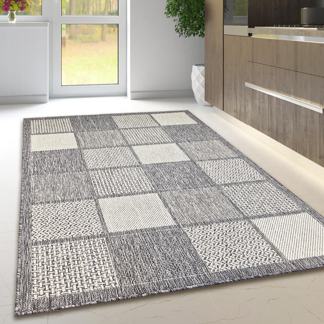 Viva Rugs Non Slip Rug Kitchen Living Room Fat Weave Check Carpet Small Large Runner Mat (120x160cm - 4'x5'3" ft, Grey Checkered) — image 1
