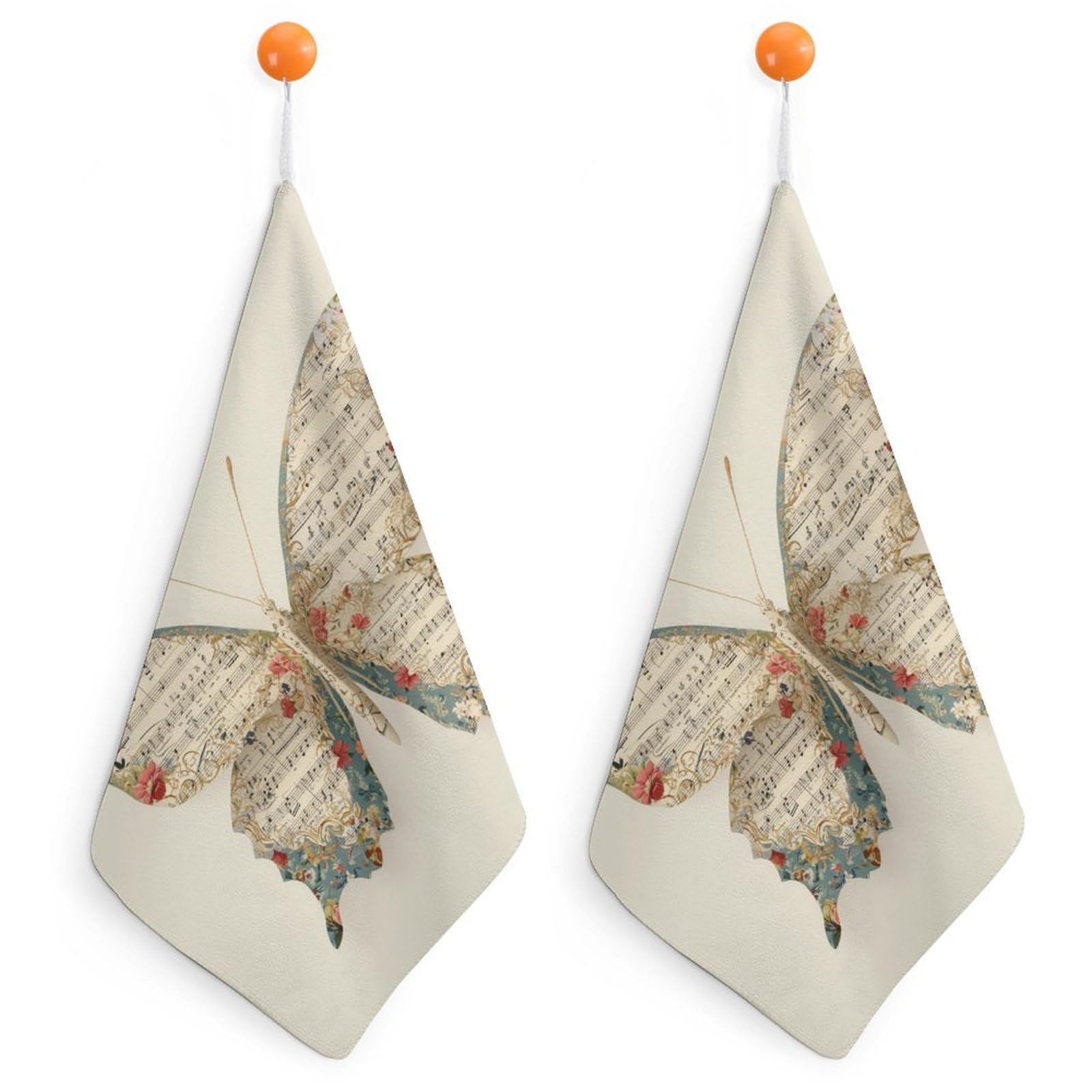 Jubonexis Butterfly with Small Floral Music Pattern Small Hand Towel with Hanging Loop 2 PCS Absorbent Soft Wash Cloth for Kitchen Bathroom