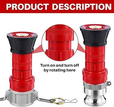 Pelopy Fire Hose Nozzle 1.5 Inch Npsh/npt Thermoplastic Fire Spray Jet Fog with 1.5 Inch Aluminum Female and Male Fitting Npt Thread Cam Lock Fitting (part a B D & F) Cam Groove Hose Kit