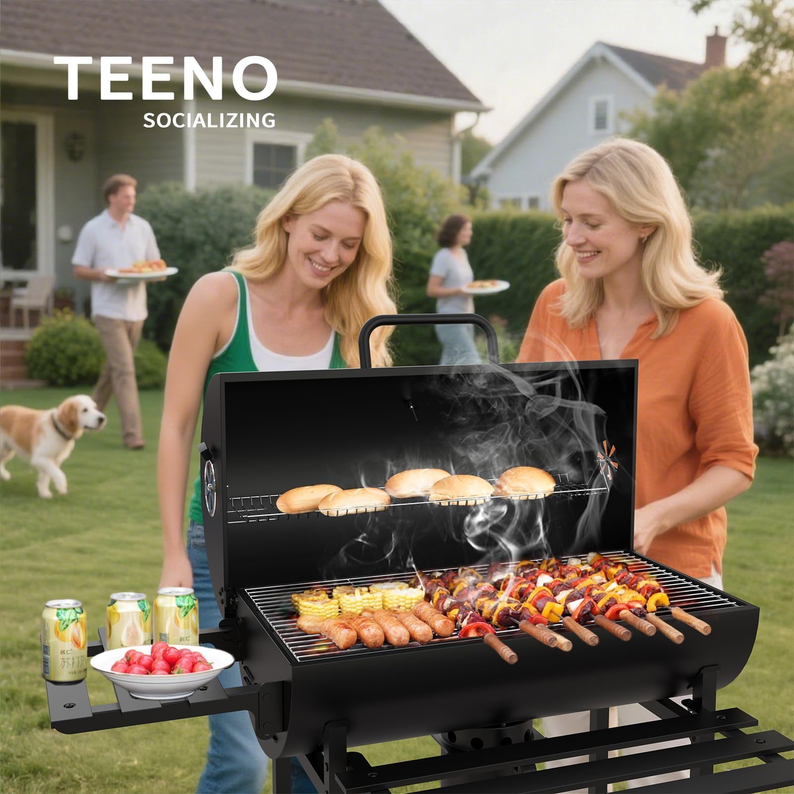 TEENO Barbacoa Carbon, con Parrilla de Cocina XXL con Dos Estantes, Ventilación Ajustable, Bola de Parrilla,parrilla de Carbón de Madera Portátil (con Tapa De Paño)