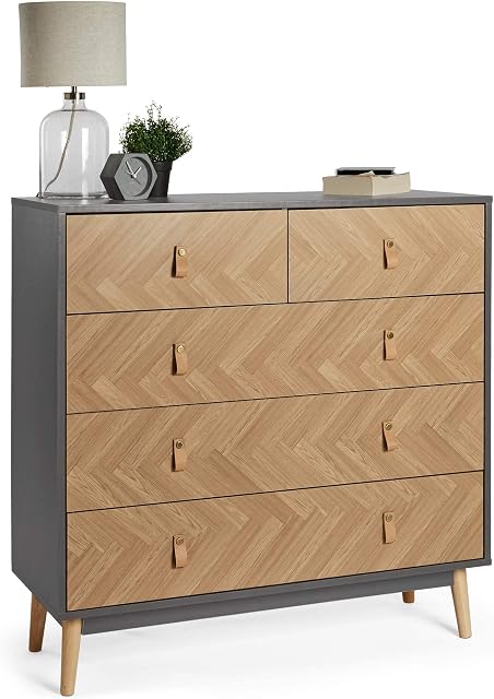 VonHaus Herringbone Chest of Drawers - Grey & Wood Effect 5 Drawer Dresser - Scandi Nordic Style Bedroom Drawers - Modern Clothes Storage Cabinet for Bedroom w/Tapered Legs & Faux Leather Tab Handles