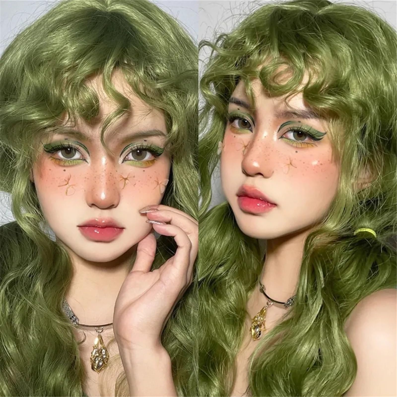 Peruka damska Jasnozielone kręcone peruki syntetyczne z włóknem termoodpornym grzywką na imprezę cosplay Peruki ludzkie