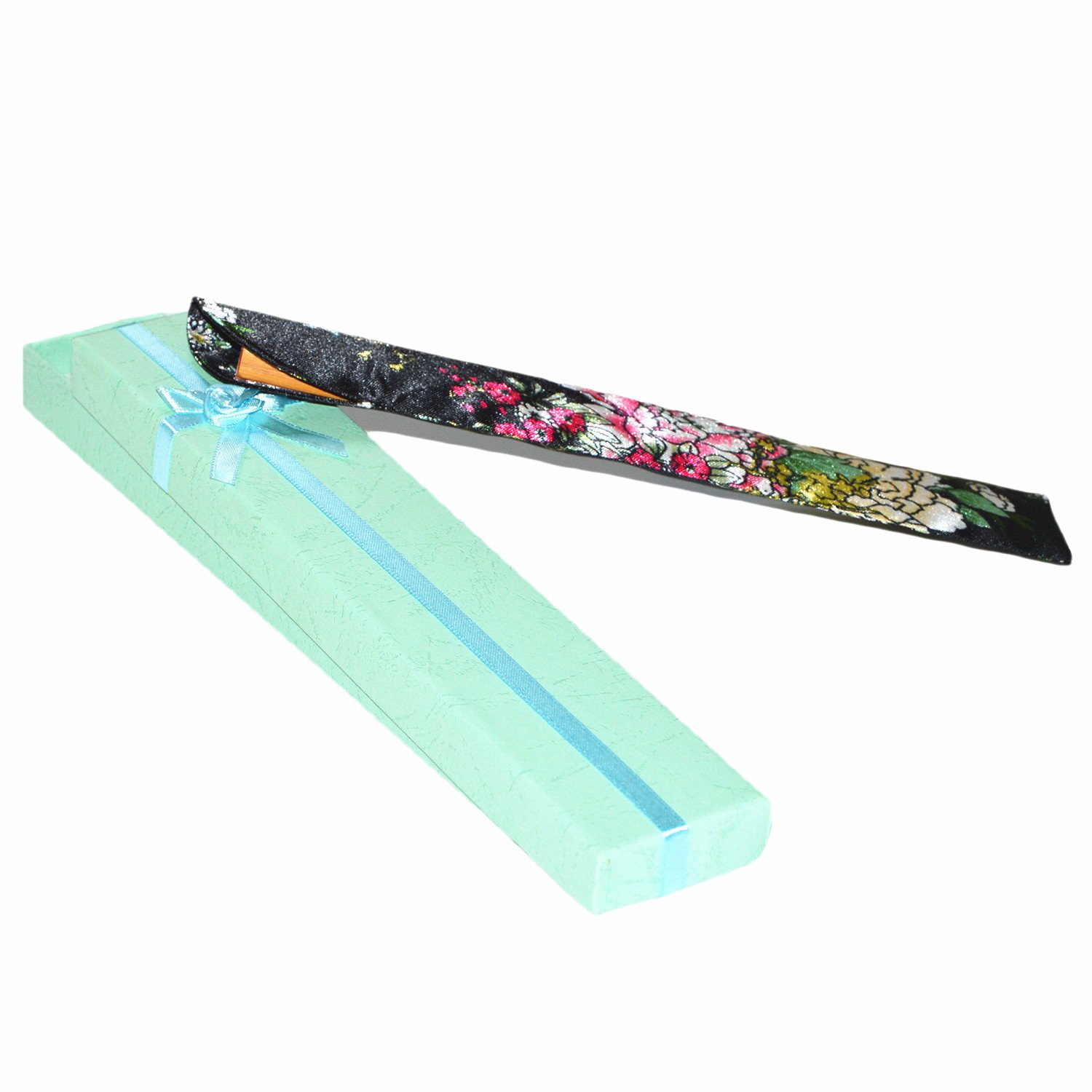 Ventaglio in seta e bambù, con farfalle e fiori, sacchetto in seta e confezione regalo, Blue